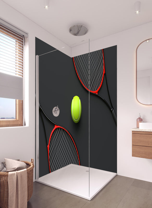 Duschrückwand - Tennis - 3D Render in hellem Badezimmer mit Regenduschkopf  - zweiteilige Eck-Duschrückwand