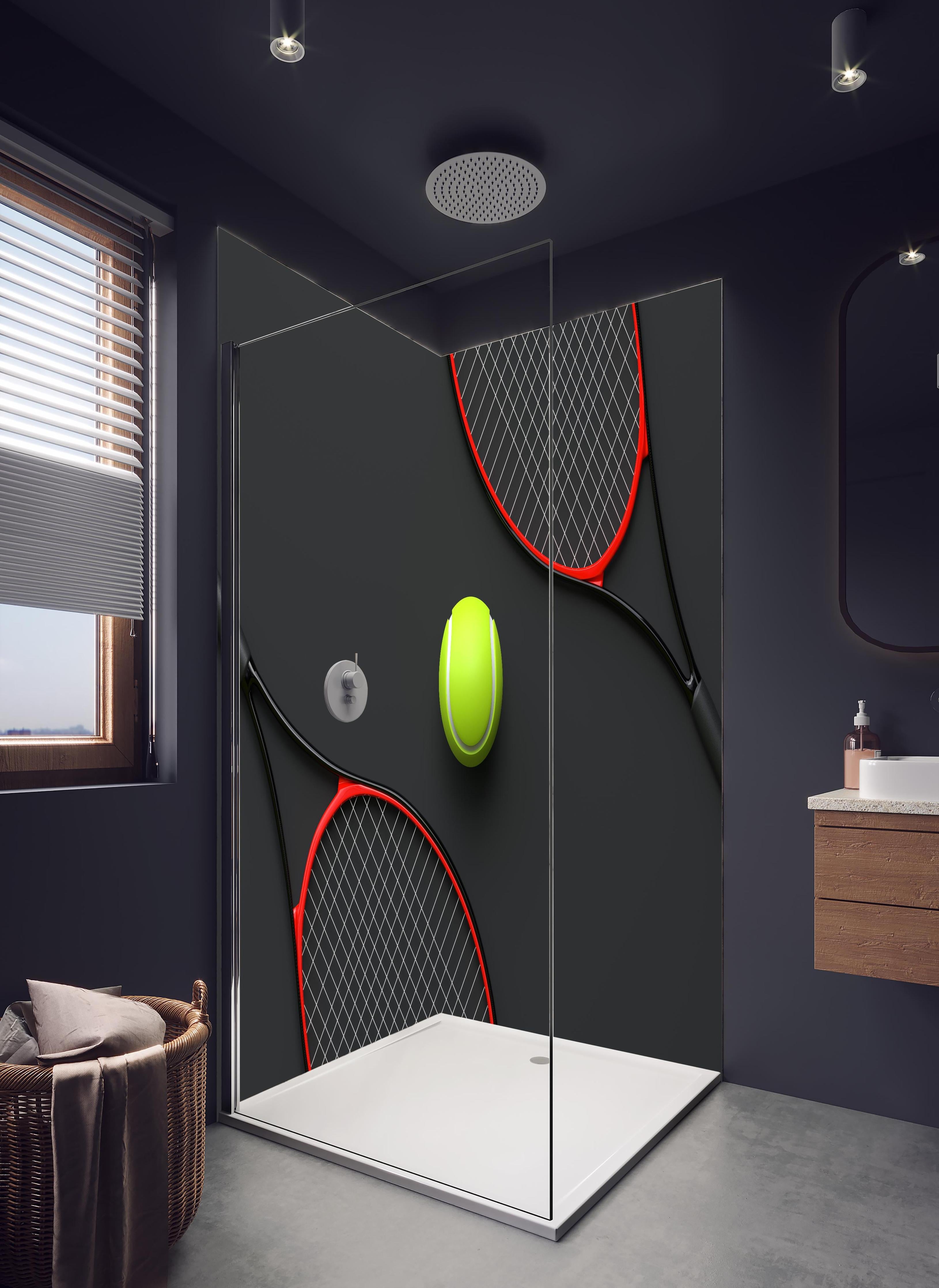 Duschrückwand - Tennis - 3D Render in hellem Badezimmer mit Regenduschkopf  - zweiteilige Eck-Duschrückwand