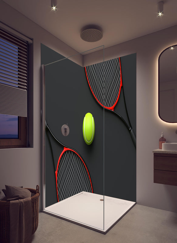Duschrückwand - Tennis - 3D Render in hellem Badezimmer mit Regenduschkopf  - zweiteilige Eck-Duschrückwand