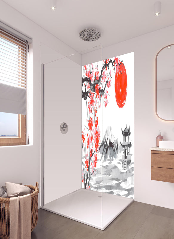 Duschrückwand - Traditionelle Japanische Landschaft Aquarell in hellem Badezimmer mit Regenduschkopf  - zweiteilige Eck-Duschrückwand