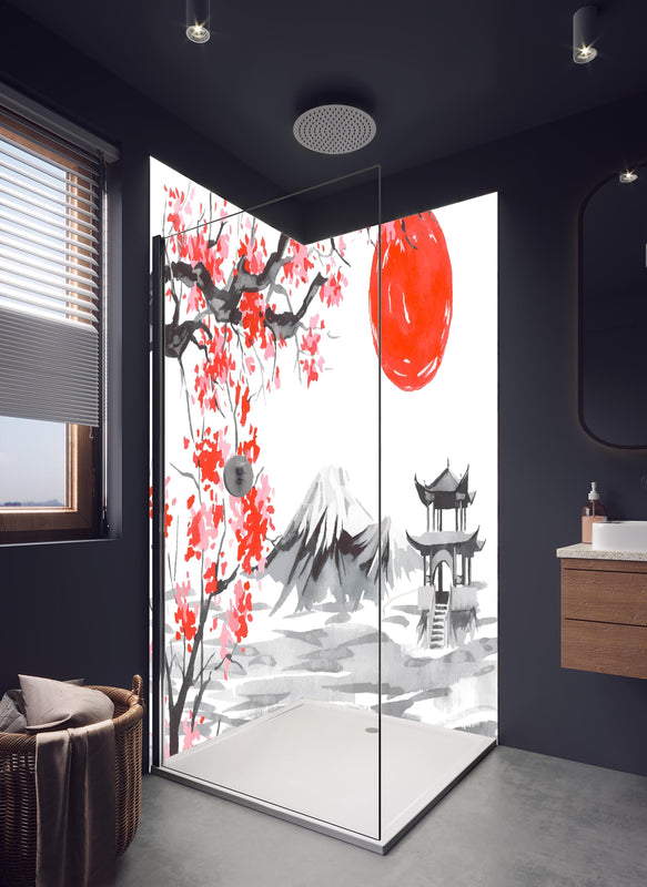 Duschrückwand - Traditionelle Japanische Landschaft Aquarell in hellem Badezimmer mit Regenduschkopf  - zweiteilige Eck-Duschrückwand