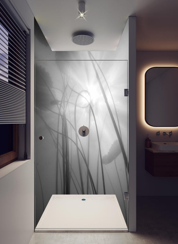 Duschrückwand - Tranquile Wasserlilien in Nebel und Monochrom in hellem Badezimmer mit Regenduschkopf  - zweiteilige Eck-Duschrückwand