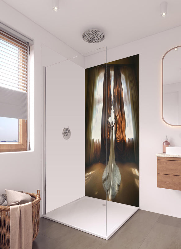 Duschrückwand - Traumbild einer Braut - Panorama in hellem Badezimmer mit Regenduschkopf  - zweiteilige Eck-Duschrückwand