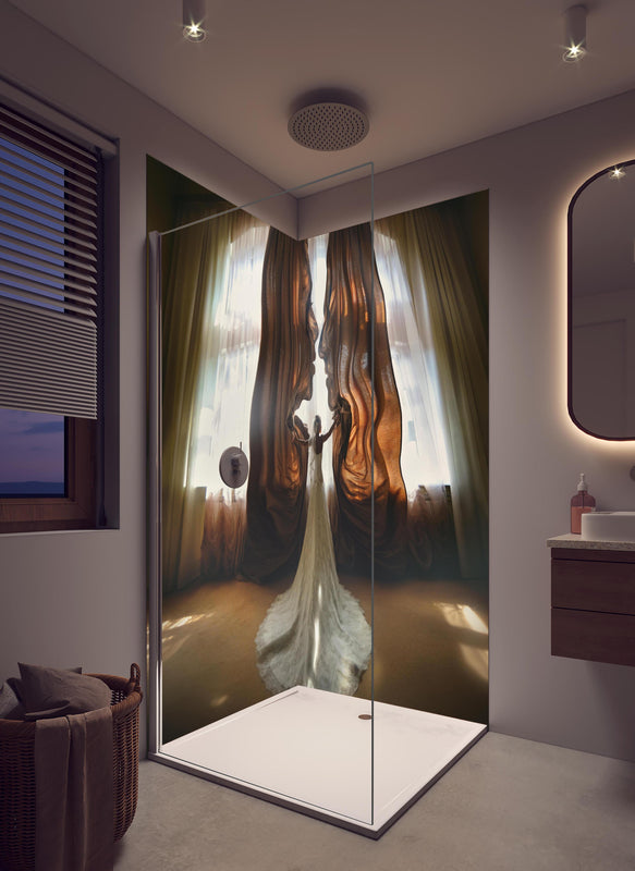 Duschrückwand - Traumbild einer Braut - Panorama in hellem Badezimmer mit Regenduschkopf  - zweiteilige Eck-Duschrückwand