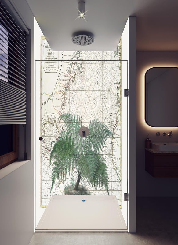 Duschrückwand - Tropical Empire No4 in hellem Badezimmer mit Regenduschkopf  - zweiteilige Eck-Duschrückwand