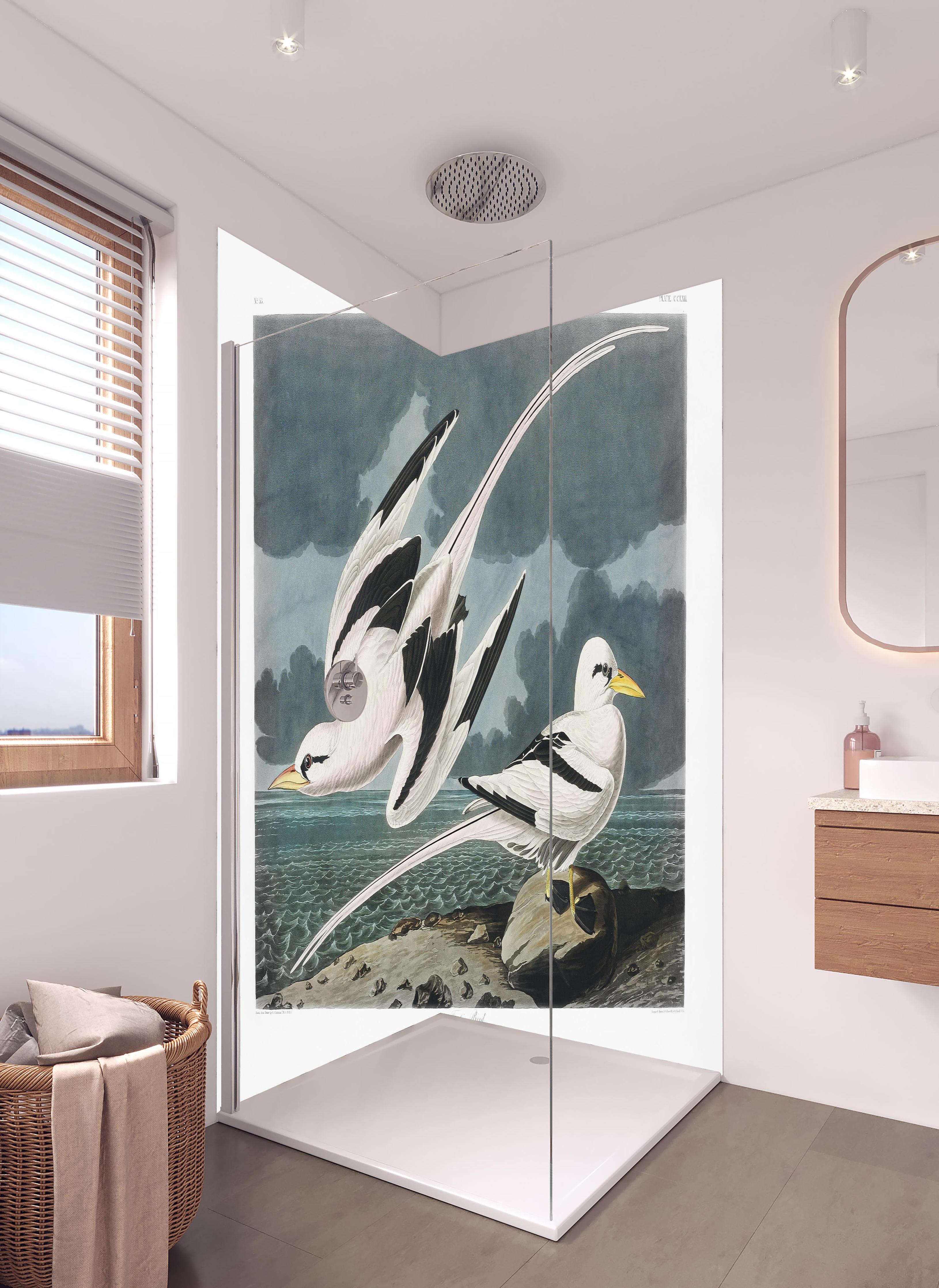 Duschrückwand - Tropische Vögel - John James Audubon in hellem Badezimmer mit Regenduschkopf  - zweiteilige Eck-Duschrückwand