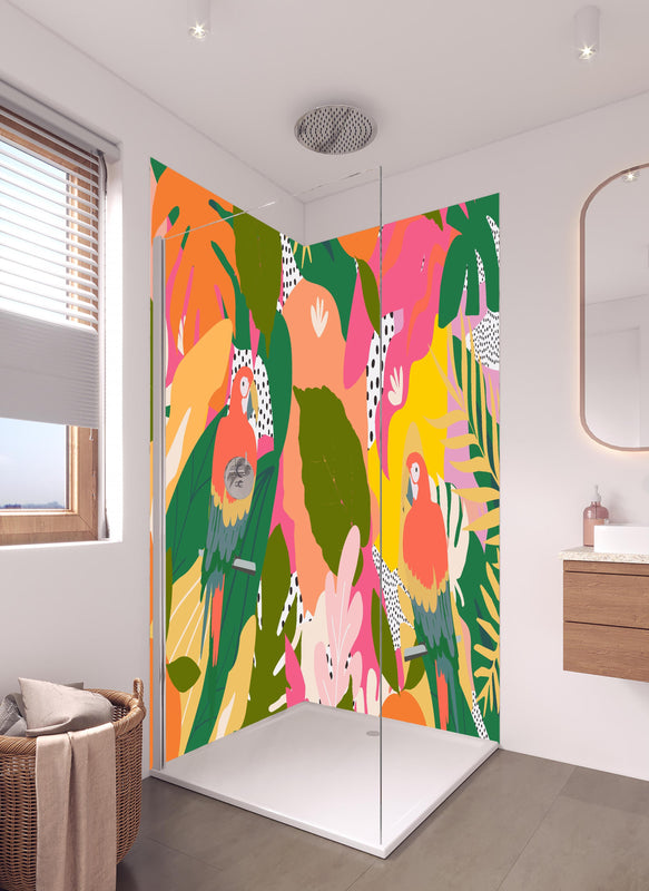 Duschrückwand - Tropischer Dschungel mit bunten Papageien in hellem Badezimmer mit Regenduschkopf  - zweiteilige Eck-Duschrückwand