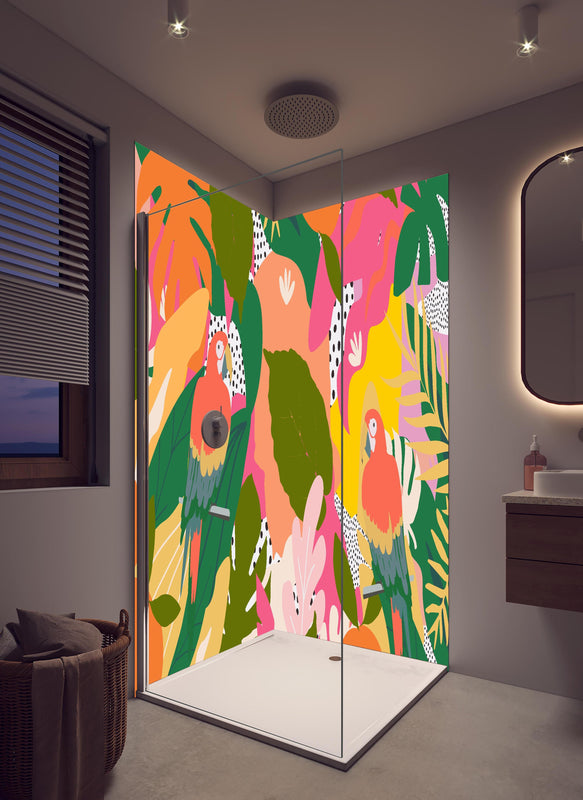 Duschrückwand - Tropischer Dschungel mit bunten Papageien in hellem Badezimmer mit Regenduschkopf  - zweiteilige Eck-Duschrückwand