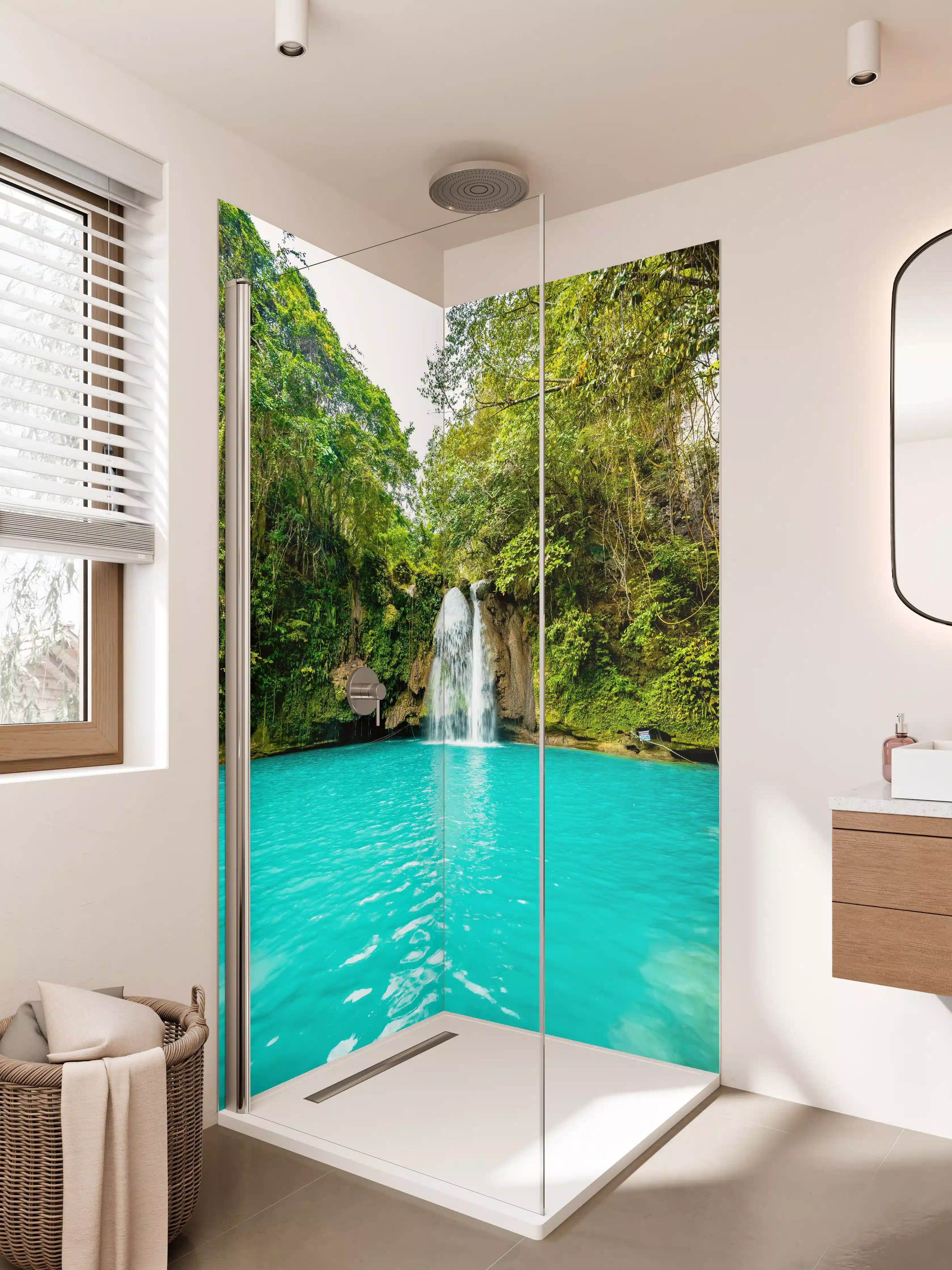 Duschrückwand - Tropischer Wasserfall mit türkisfarbenem Wasser
