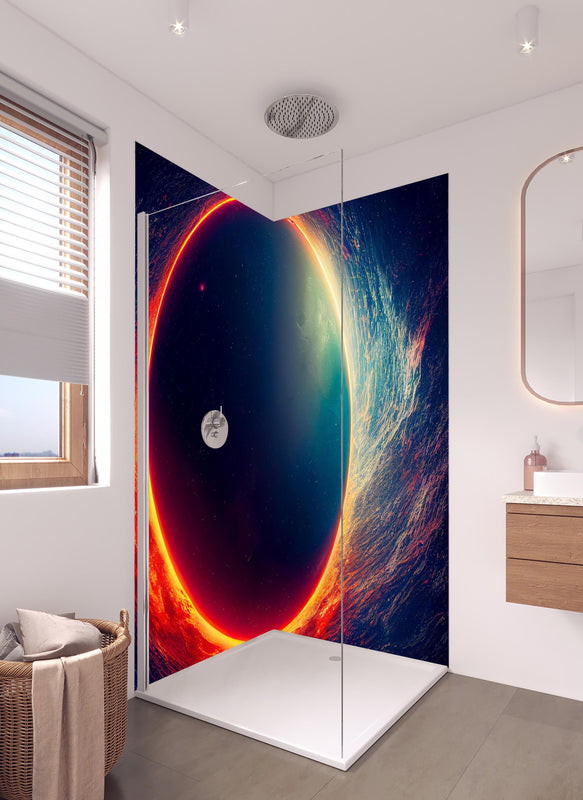 Duschrückwand - Universumsszene mit Planeten in hellem Badezimmer mit Regenduschkopf  - zweiteilige Eck-Duschrückwand