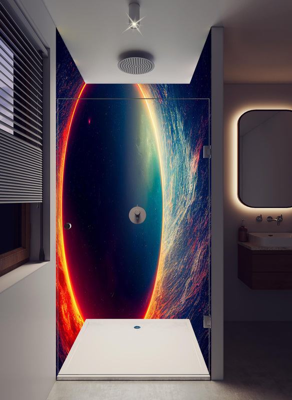 Duschrückwand - Universumsszene mit Planeten in hellem Badezimmer mit Regenduschkopf  - zweiteilige Eck-Duschrückwand