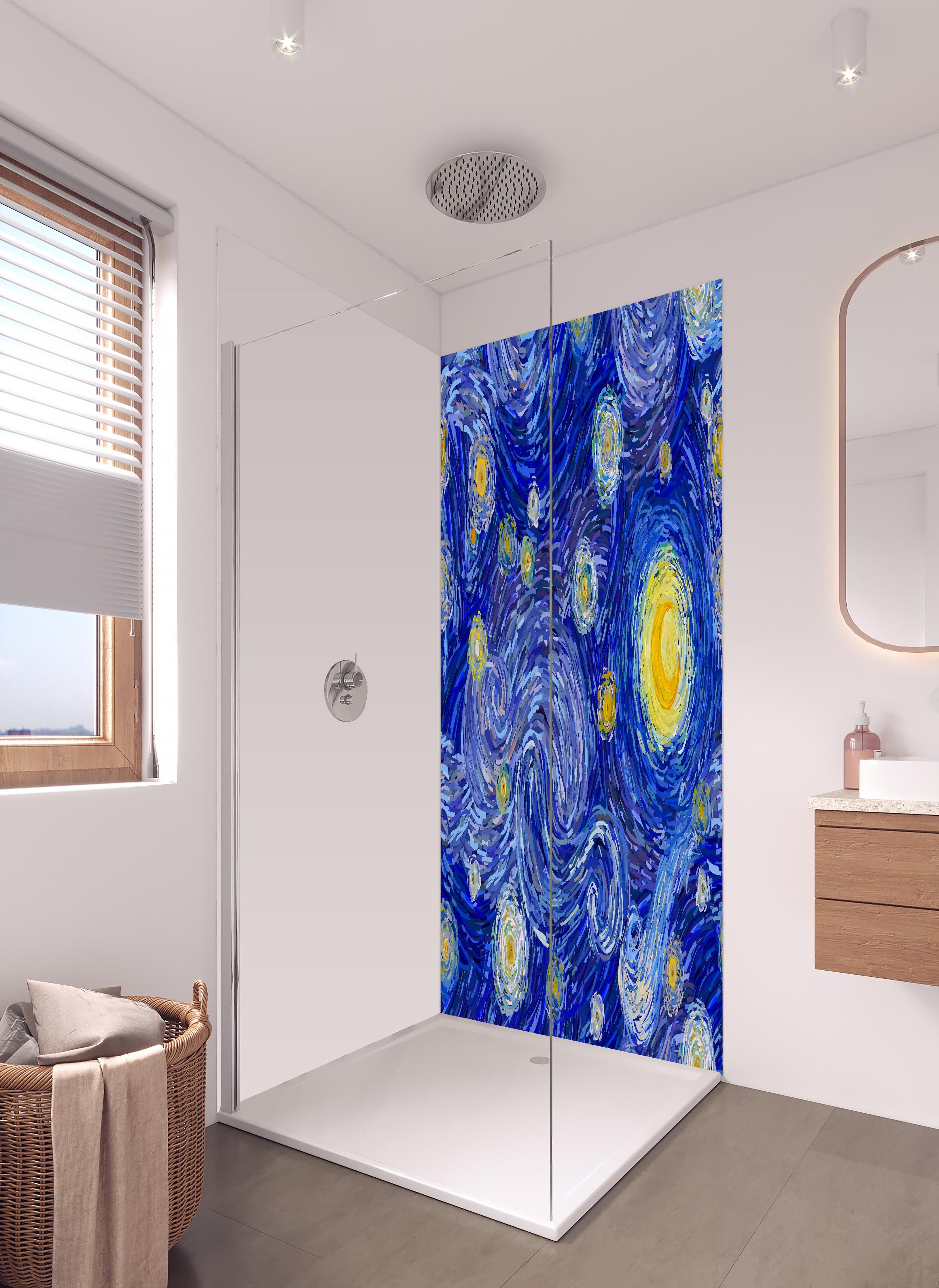 Duschrückwand - Van Gogh Starry Night Druck Blau Gelb in hellem Badezimmer mit Regenduschkopf  - zweiteilige Eck-Duschrückwand