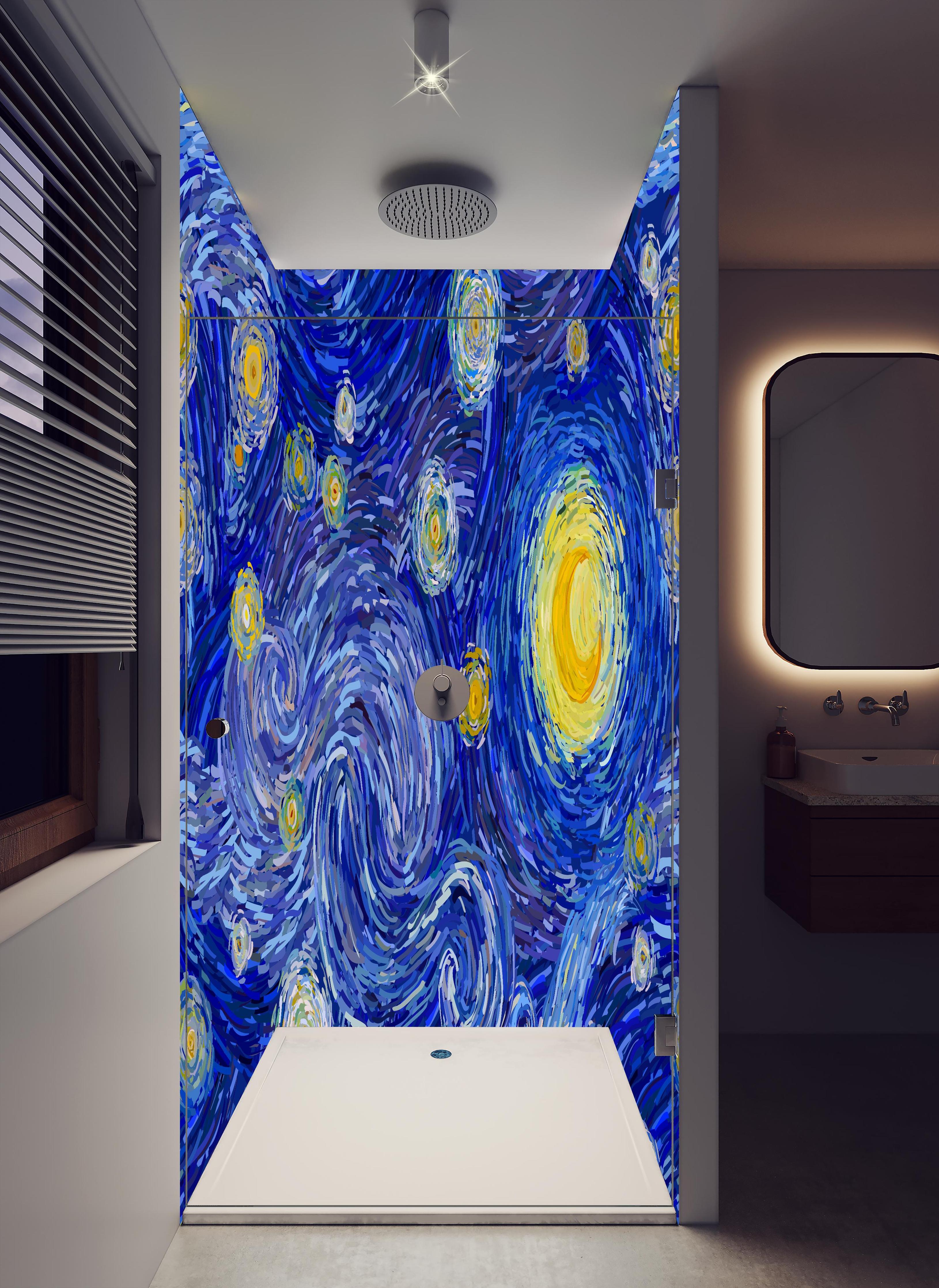 Duschrückwand - Van Gogh Starry Night Druck Blau Gelb in hellem Badezimmer mit Regenduschkopf  - zweiteilige Eck-Duschrückwand