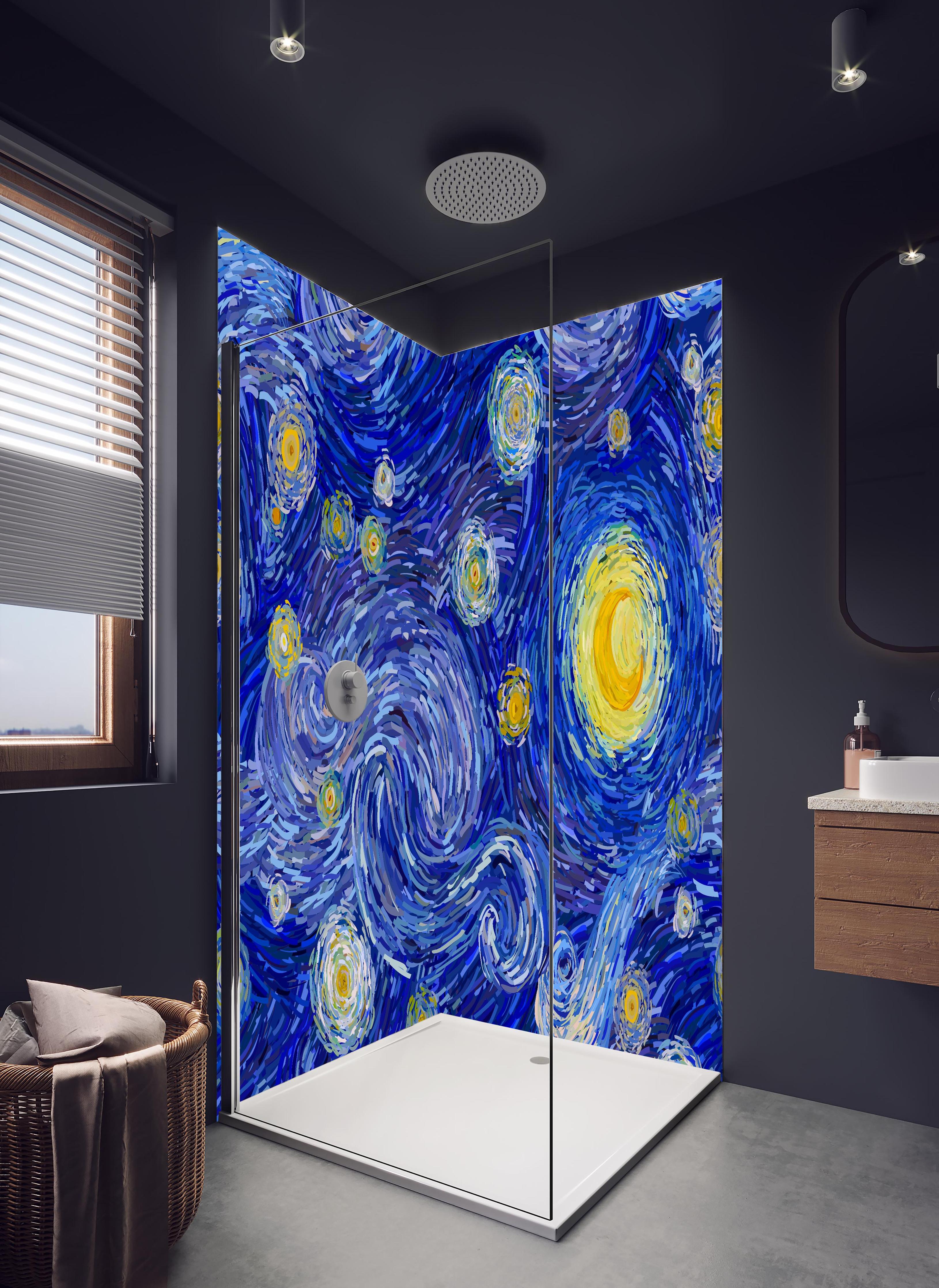 Duschrückwand - Van Gogh Starry Night Druck Blau Gelb in hellem Badezimmer mit Regenduschkopf  - zweiteilige Eck-Duschrückwand