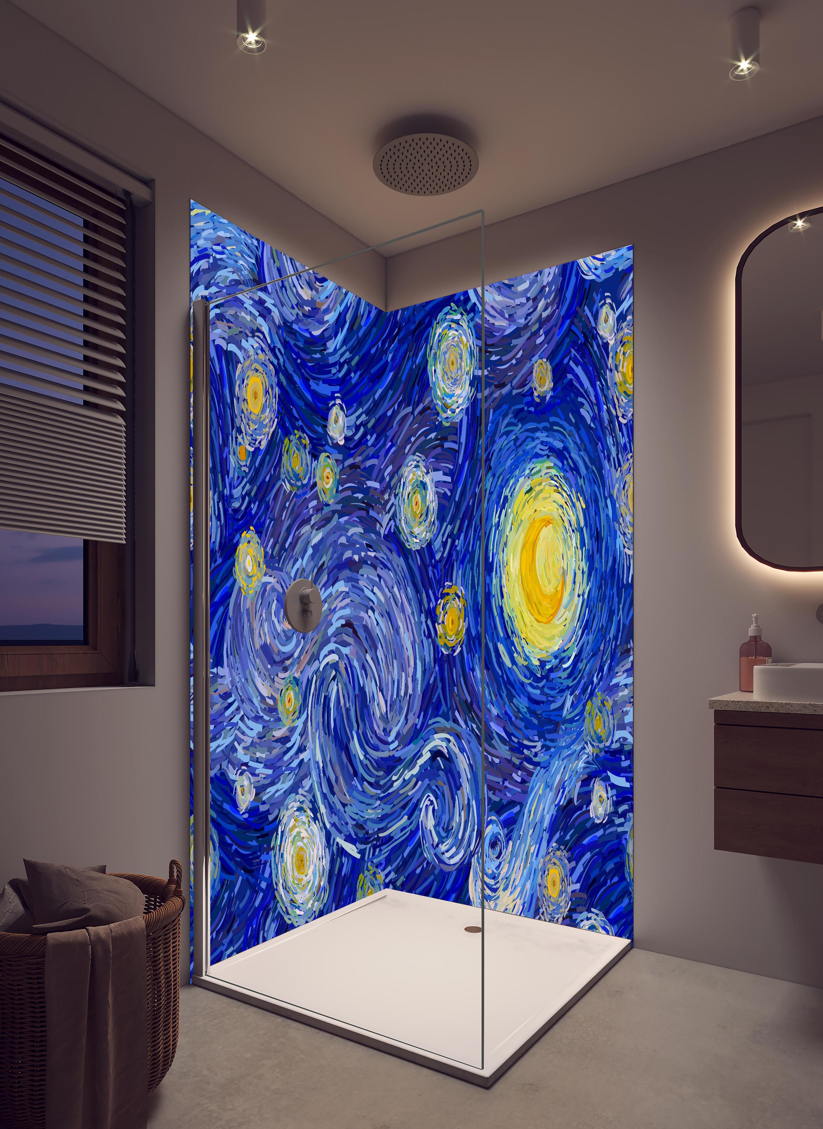 Duschrückwand - Van Gogh Starry Night Druck Blau Gelb in hellem Badezimmer mit Regenduschkopf  - zweiteilige Eck-Duschrückwand