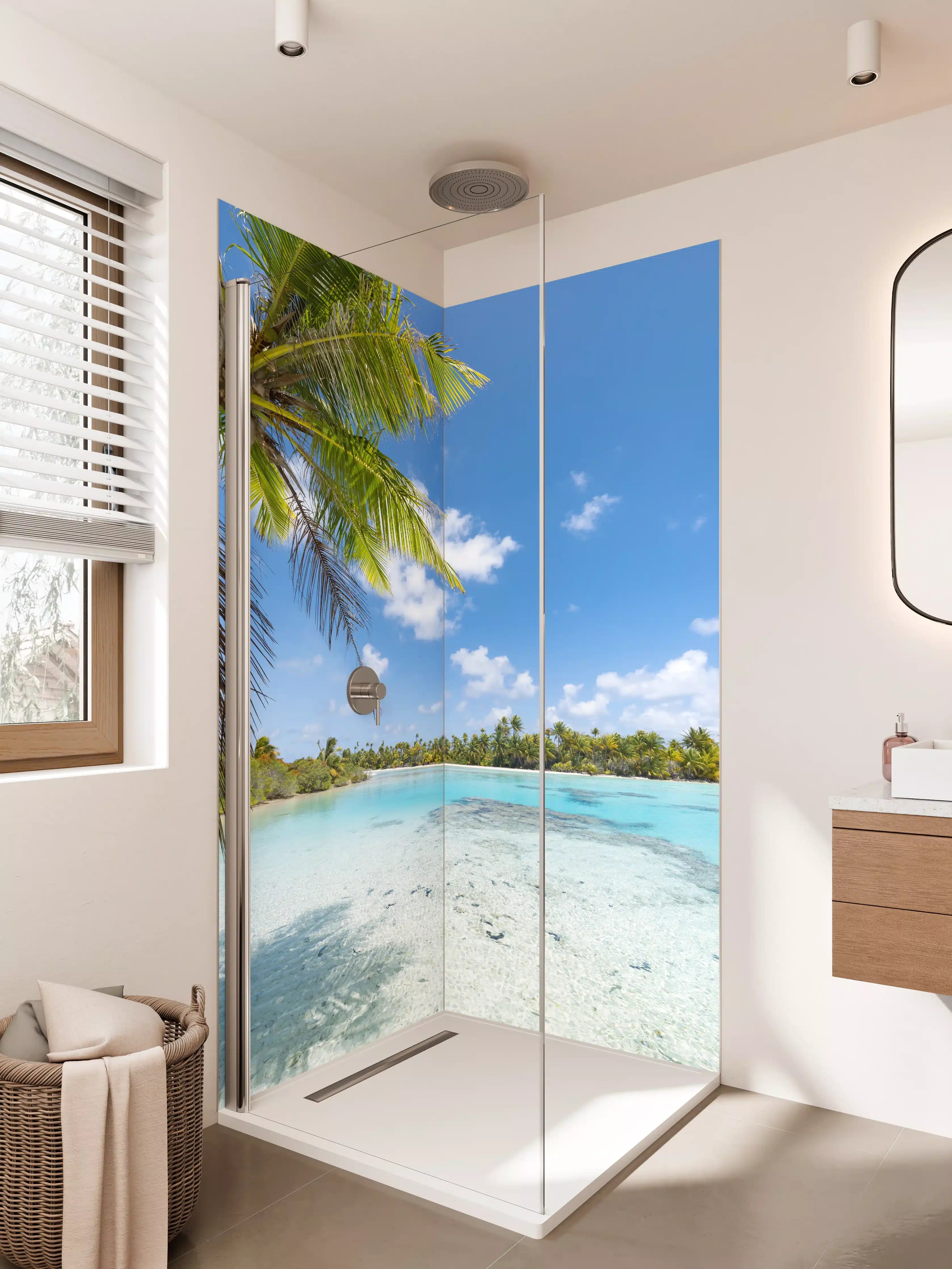 Duschrückwand - Verträumter Graustrand mit Palmen