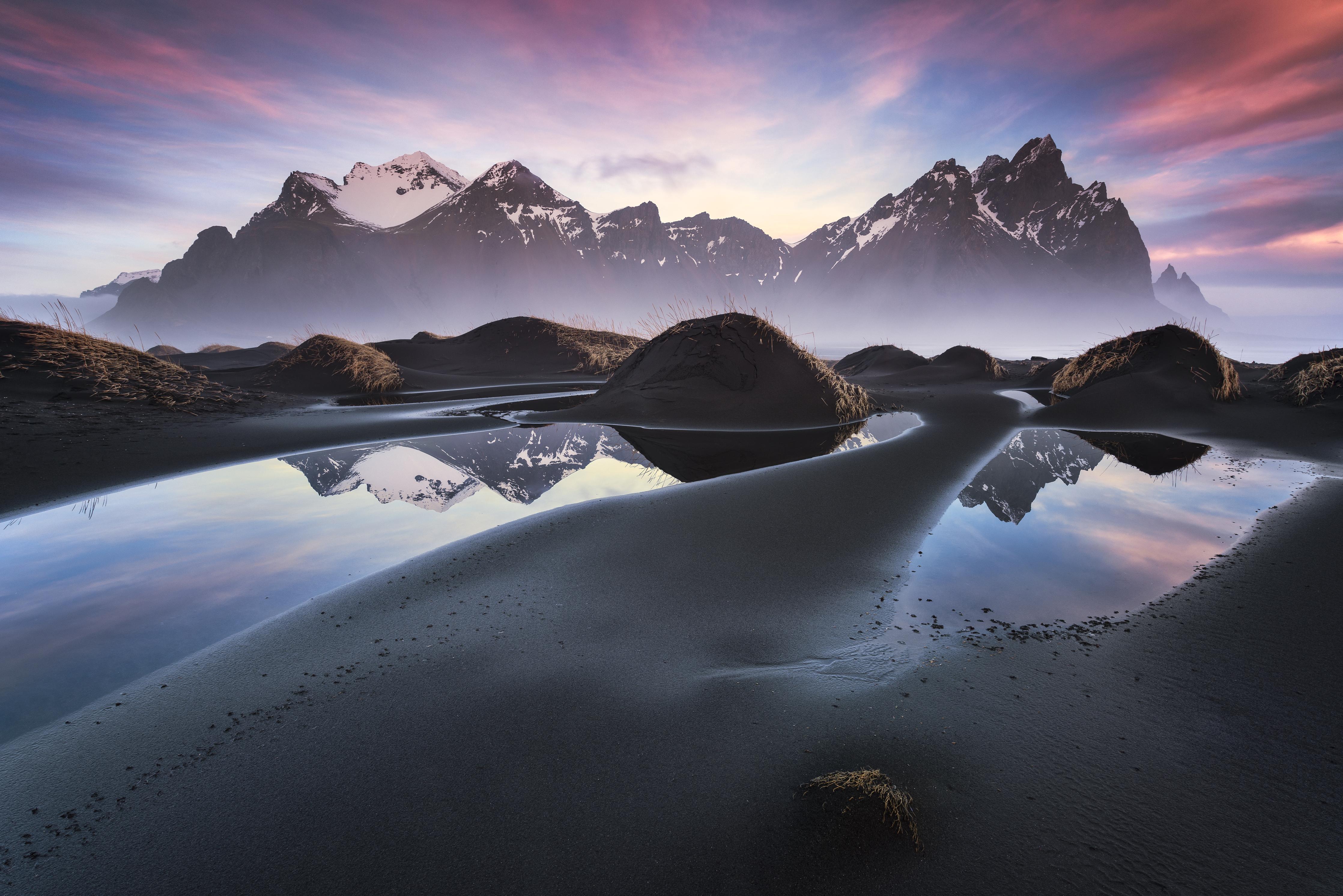 Duschrückwand-Vestrahorn Island bei Sonnenuntergang, Schnee