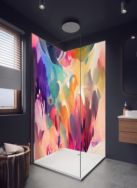 Duschrückwand - Vibrante Abstrakte Farbkunst Kreation in hellem Badezimmer mit Regenduschkopf  - zweiteilige Eck-Duschrückwand