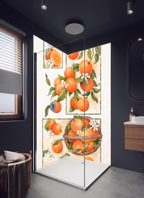 Duschrückwand - Vibrantes Orangenfrucht Stillleben mit Blumen in hellem Badezimmer mit Regenduschkopf  - zweiteilige Eck-Duschrückwand