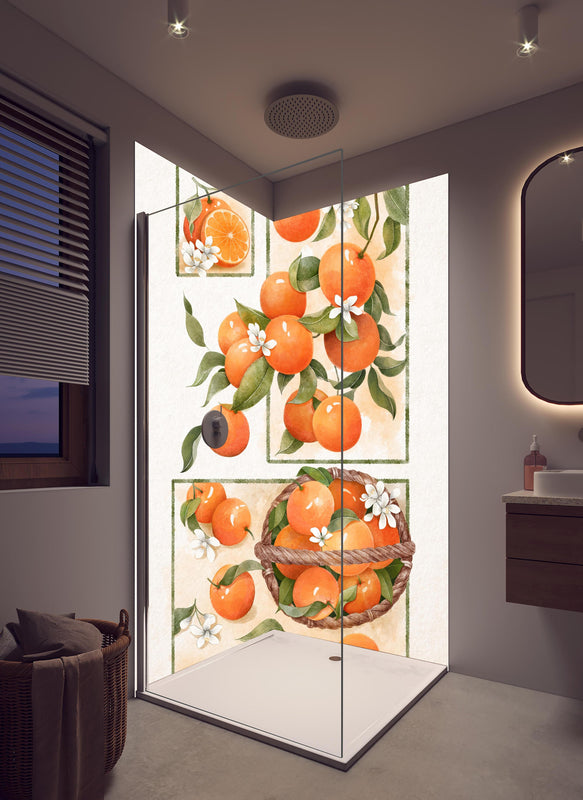 Duschrückwand - Vibrantes Orangenfrucht Stillleben mit Blumen in hellem Badezimmer mit Regenduschkopf  - zweiteilige Eck-Duschrückwand