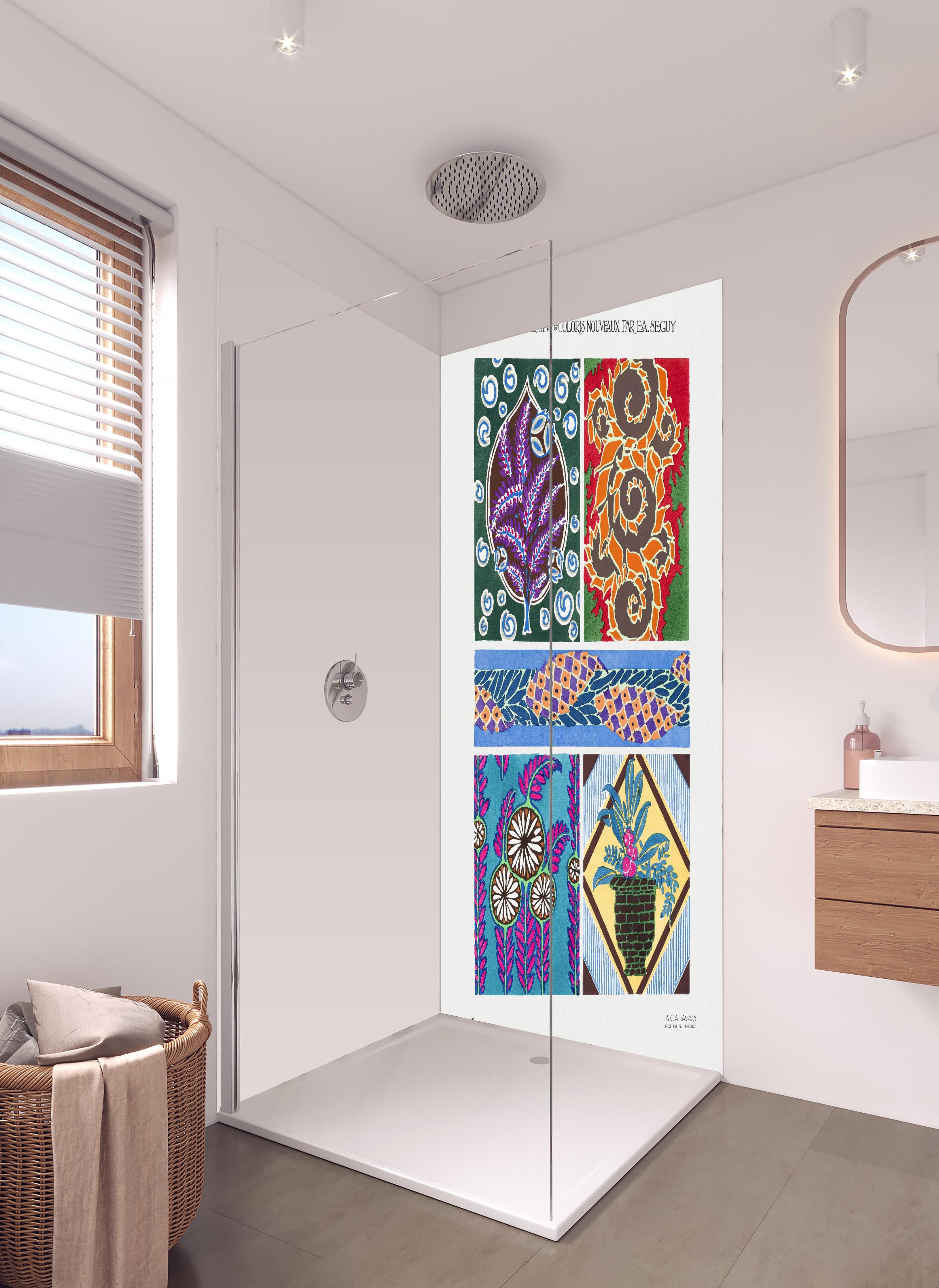 Duschrückwand - Vintage Floral Kunst Muster Poster in hellem Badezimmer mit Regenduschkopf  - zweiteilige Eck-Duschrückwand