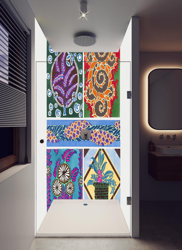 Duschrückwand - Vintage Floral Kunst Muster Poster in hellem Badezimmer mit Regenduschkopf  - zweiteilige Eck-Duschrückwand