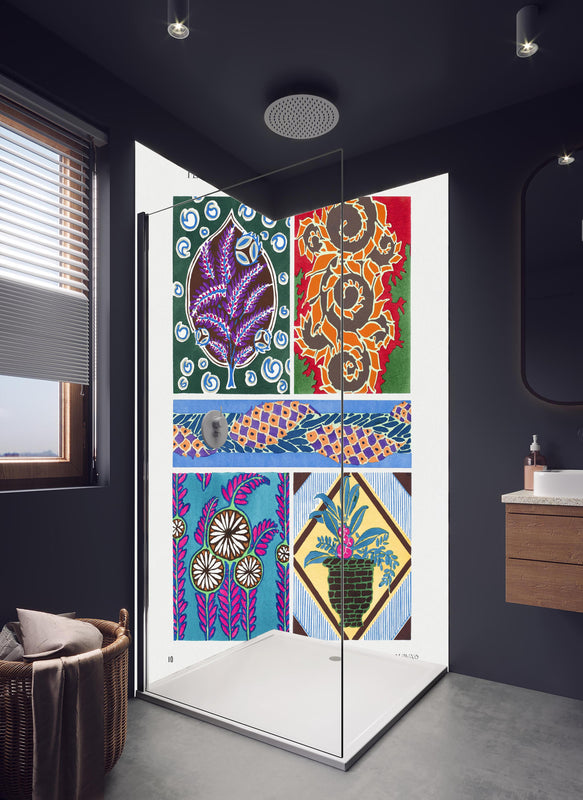 Duschrückwand - Vintage Floral Kunst Muster Poster in hellem Badezimmer mit Regenduschkopf  - zweiteilige Eck-Duschrückwand