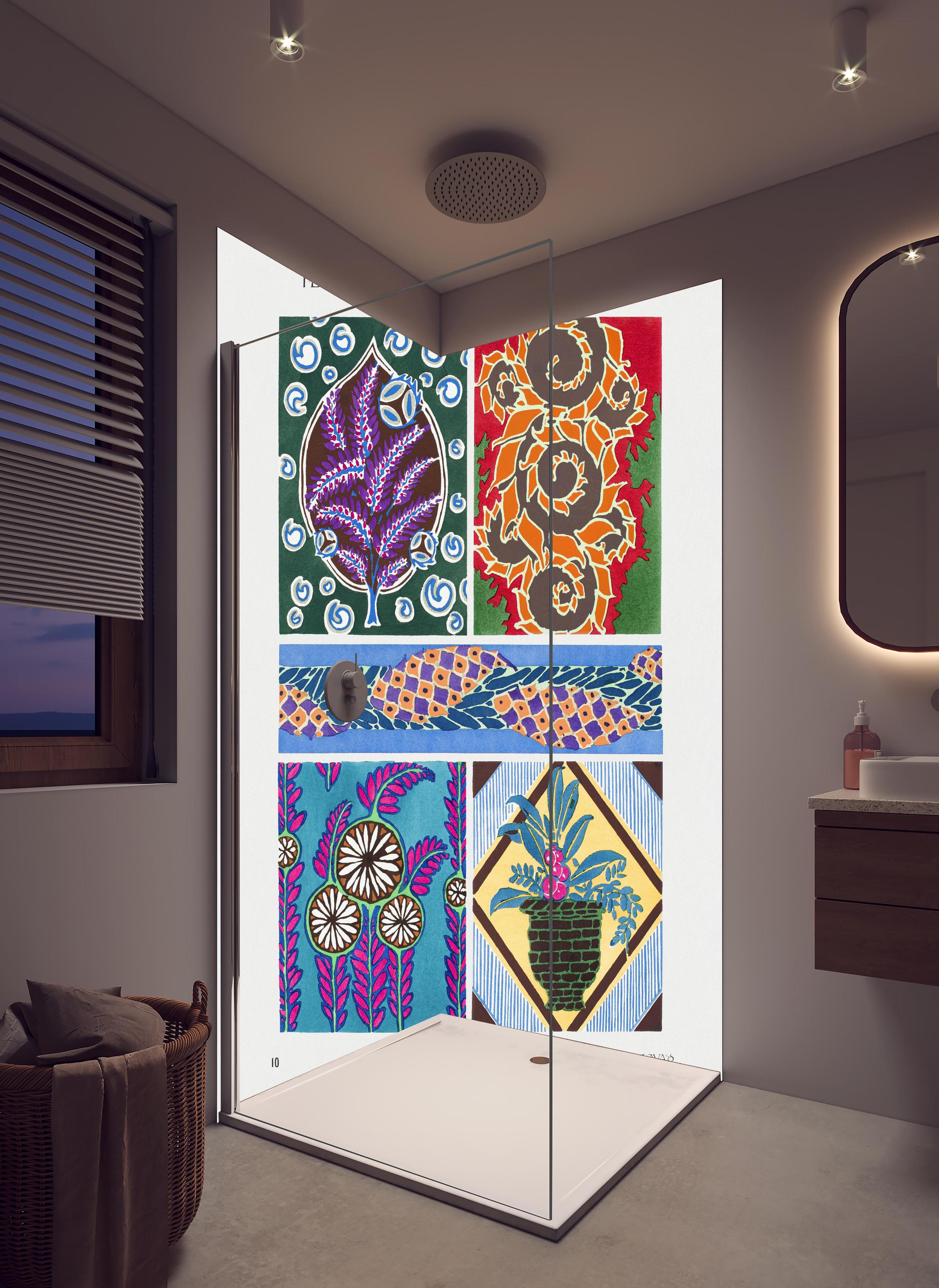 Duschrückwand - Vintage Floral Kunst Muster Poster in hellem Badezimmer mit Regenduschkopf  - zweiteilige Eck-Duschrückwand