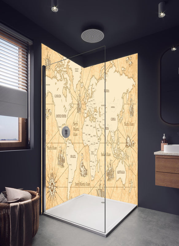 Duschrückwand - Vintage Stilisierte Antike Weltkarte Poster in hellem Badezimmer mit Regenduschkopf  - zweiteilige Eck-Duschrückwand