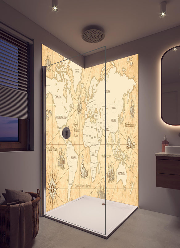 Duschrückwand - Vintage Stilisierte Antike Weltkarte Poster in hellem Badezimmer mit Regenduschkopf  - zweiteilige Eck-Duschrückwand