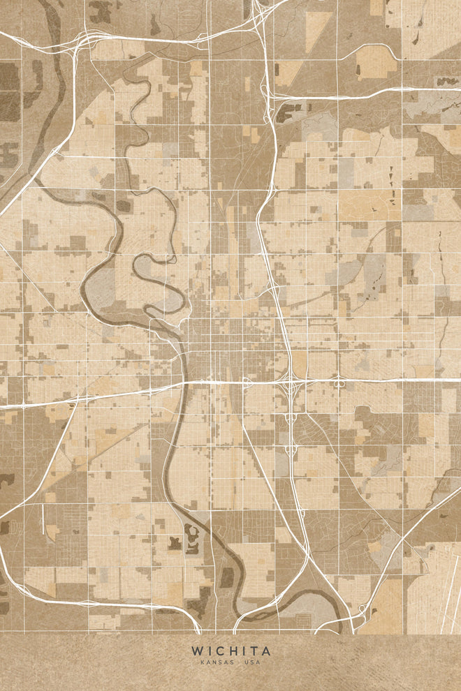 Duschrückwand - Vintage Wichita Stadtplan in Sepiatönen