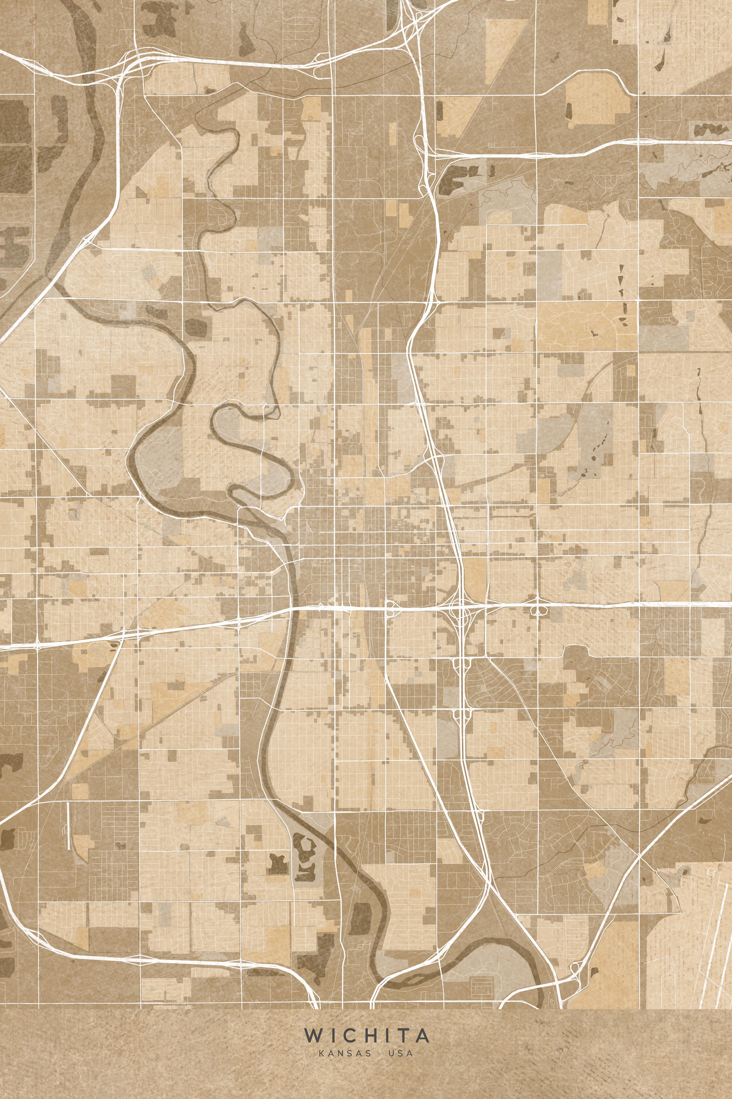 Duschrückwand-Vintage Wichita Stadtplan in Sepiatönen