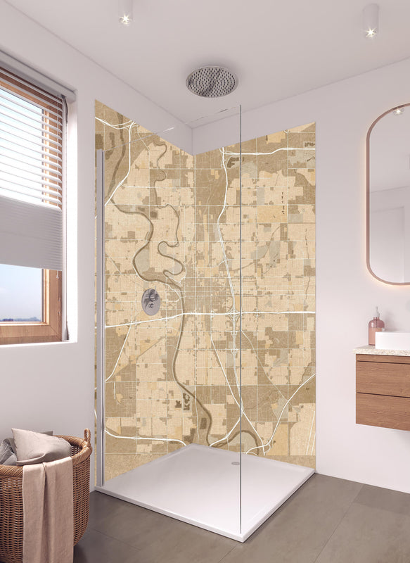 Duschrückwand - Vintage Wichita Stadtplan in Sepiatönen in hellem Badezimmer mit Regenduschkopf  - zweiteilige Eck-Duschrückwand