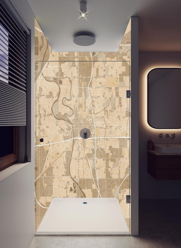 Duschrückwand - Vintage Wichita Stadtplan in Sepiatönen in hellem Badezimmer mit Regenduschkopf  - zweiteilige Eck-Duschrückwand
