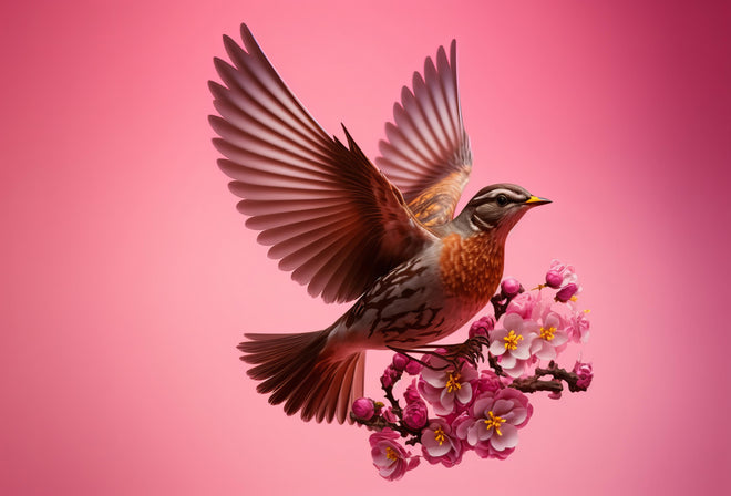 Duschrückwand - Vogel mit rosa Sakura Blütenzweig