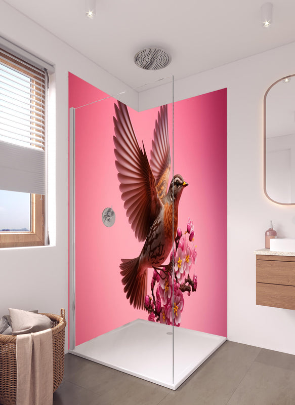 Duschrückwand - Vogel mit rosa Sakura Blütenzweig in hellem Badezimmer mit Regenduschkopf  - zweiteilige Eck-Duschrückwand