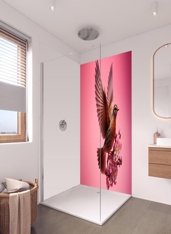 Duschrückwand - Vogel mit rosa Sakura Blütenzweig in hellem Badezimmer mit Regenduschkopf  - zweiteilige Eck-Duschrückwand