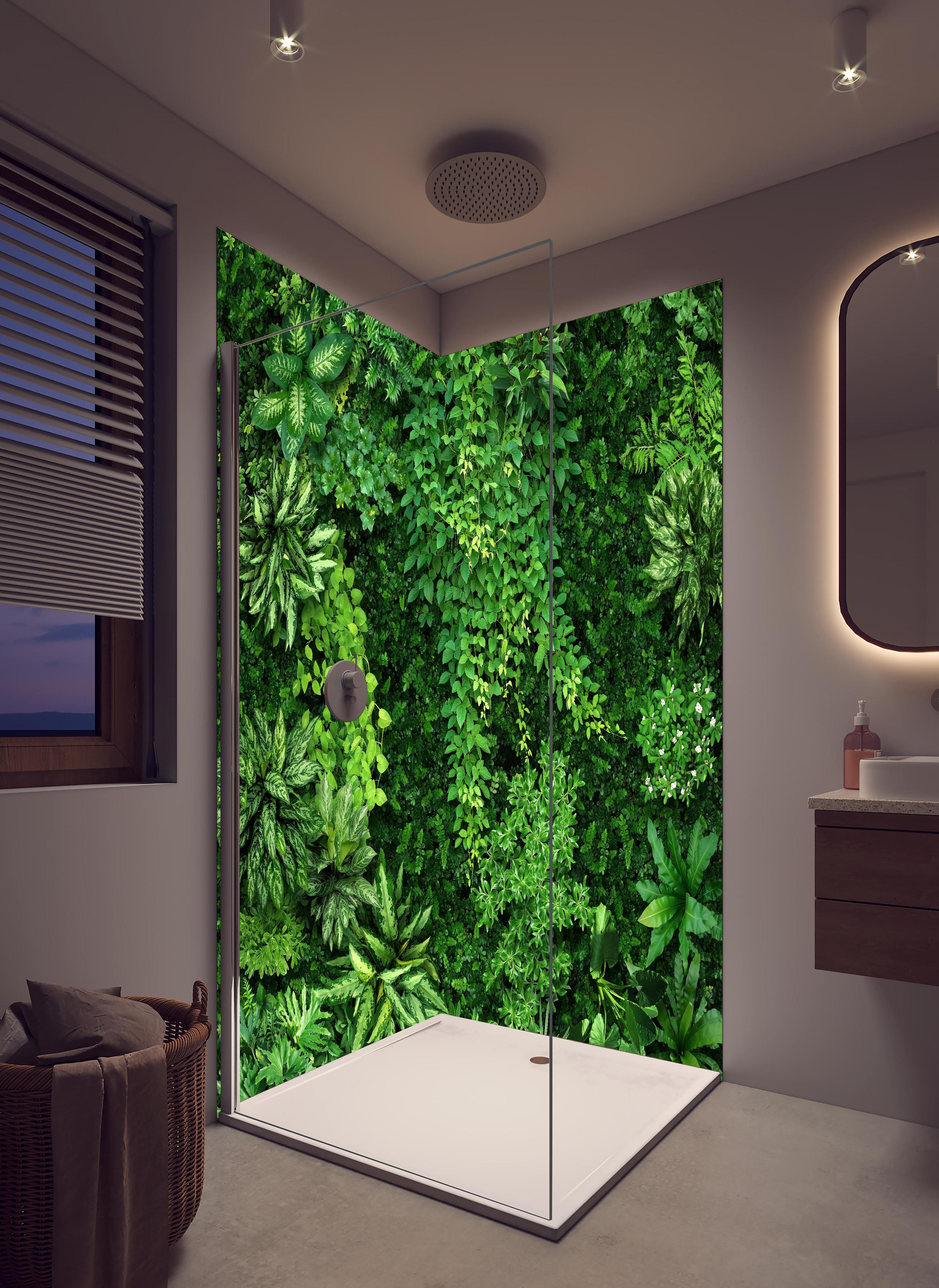 Duschrückwand - Vogelperspektive auf offenen Waldbereich in hellem Badezimmer mit Regenduschkopf  - zweiteilige Eck-Duschrückwand