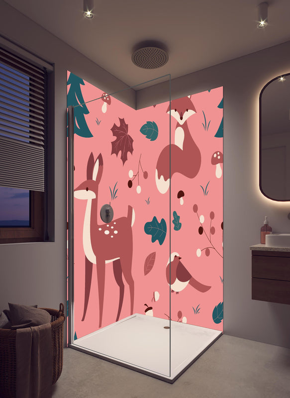 Duschrückwand - Waldtiere Muster auf Rosa Illustration in hellem Badezimmer mit Regenduschkopf  - zweiteilige Eck-Duschrückwand