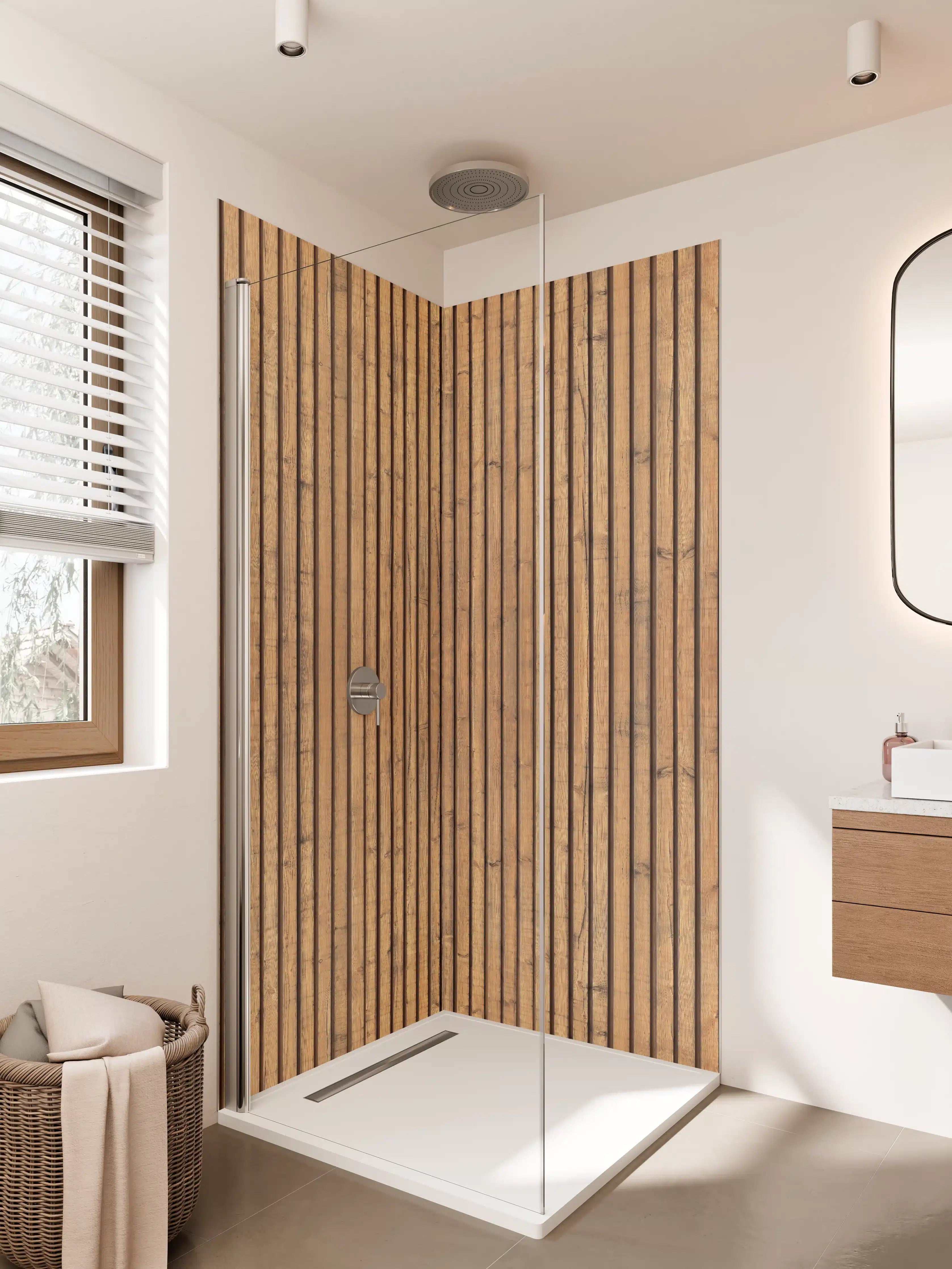 Duschrückwand - Warme Braunholzvertäfelung mit Graunuancen