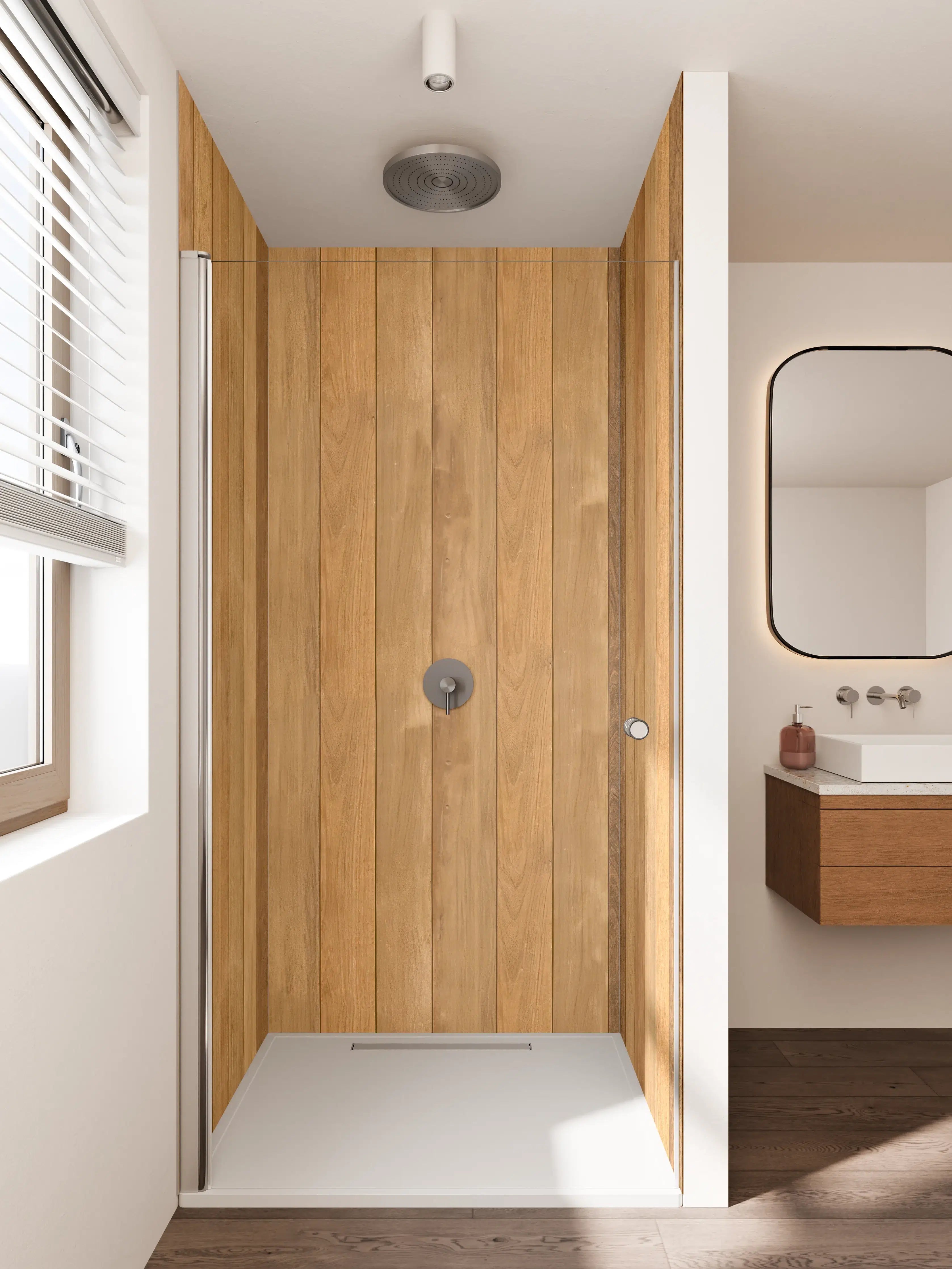 Duschrückwand - Warme Grautöne mit Holzstruktur