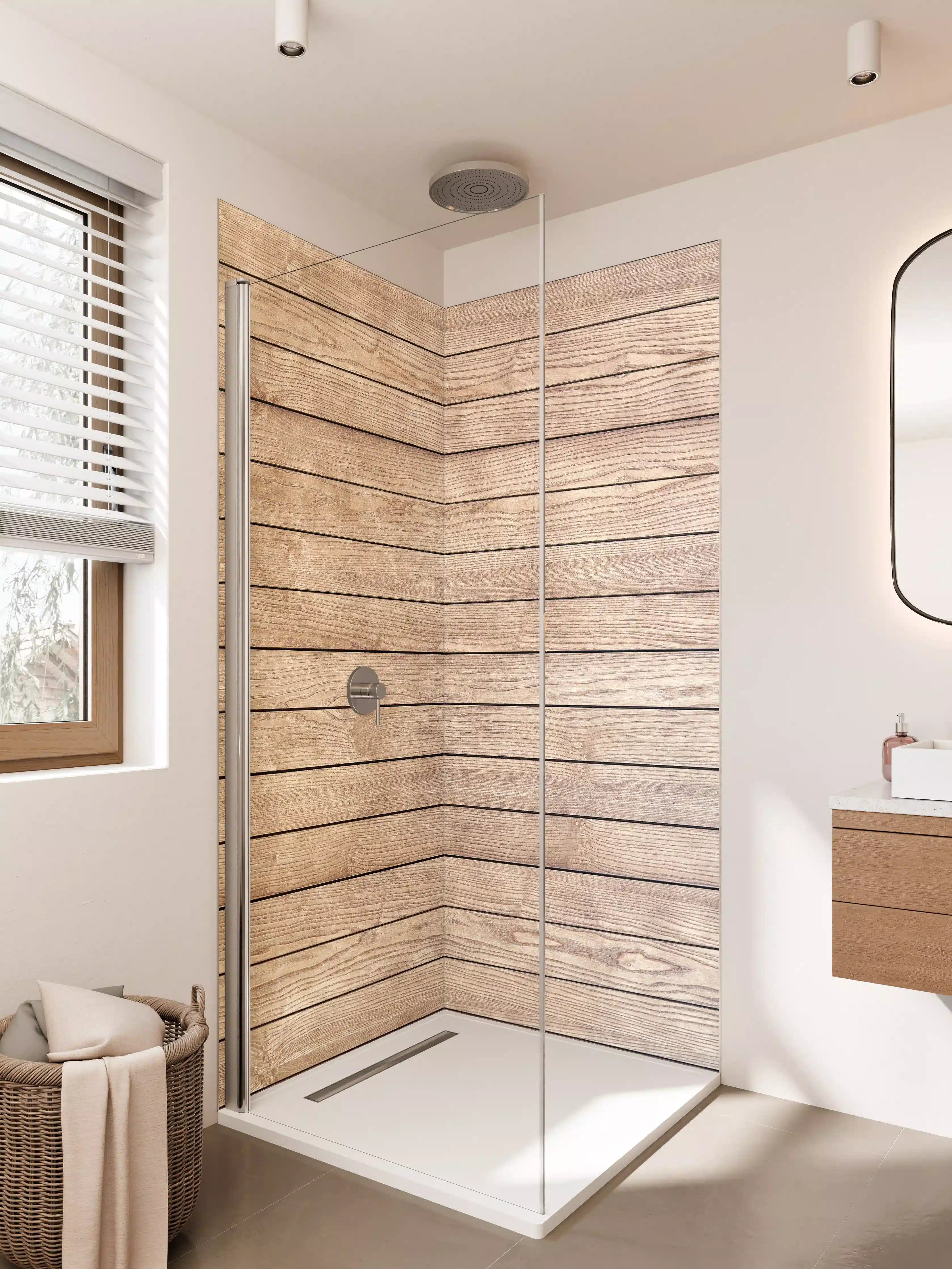 Duschrückwand - Warme Grautöne und Holzoptik