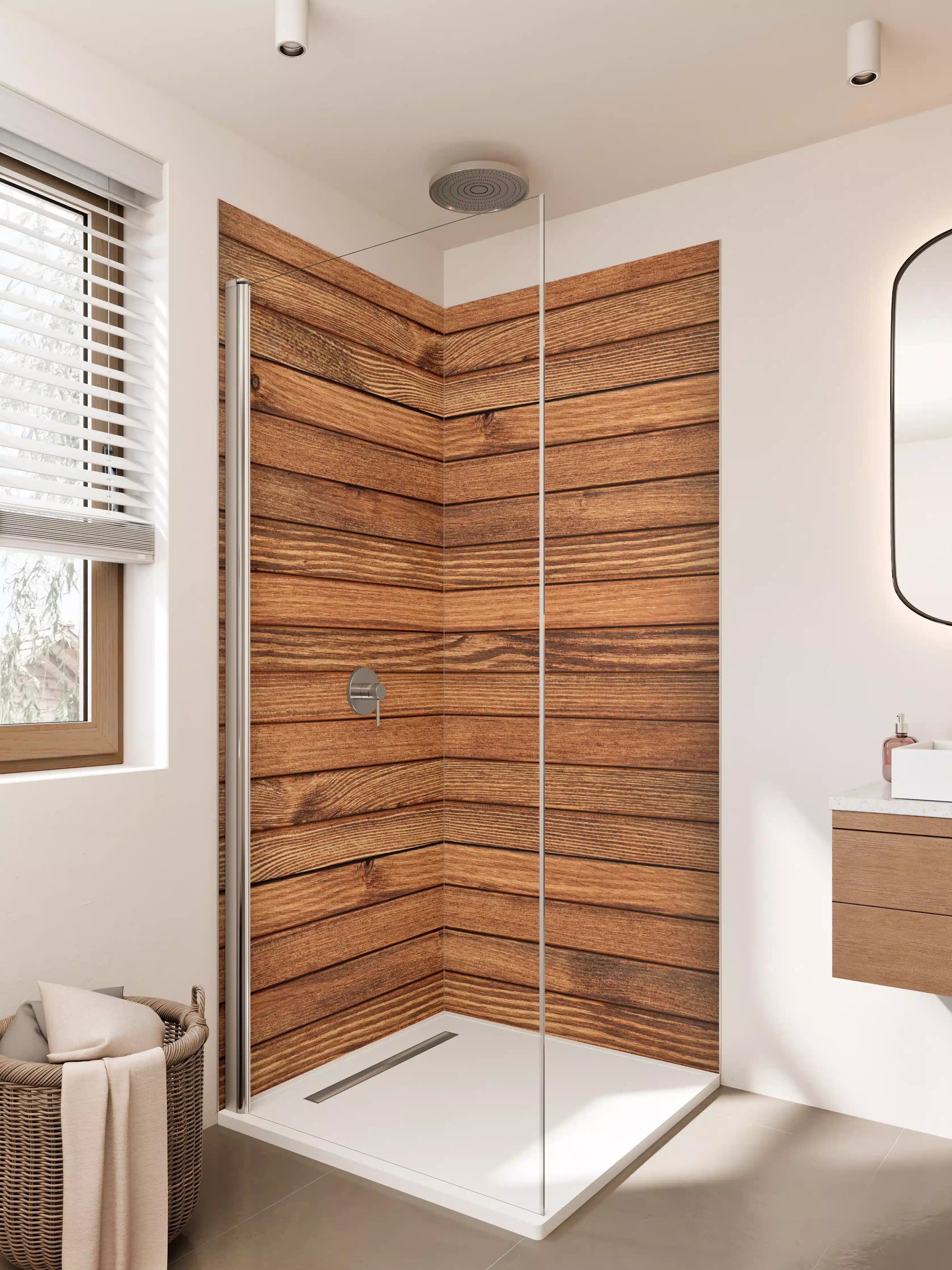 Duschrückwand - Warme Holzoptik mit Grauton-Details