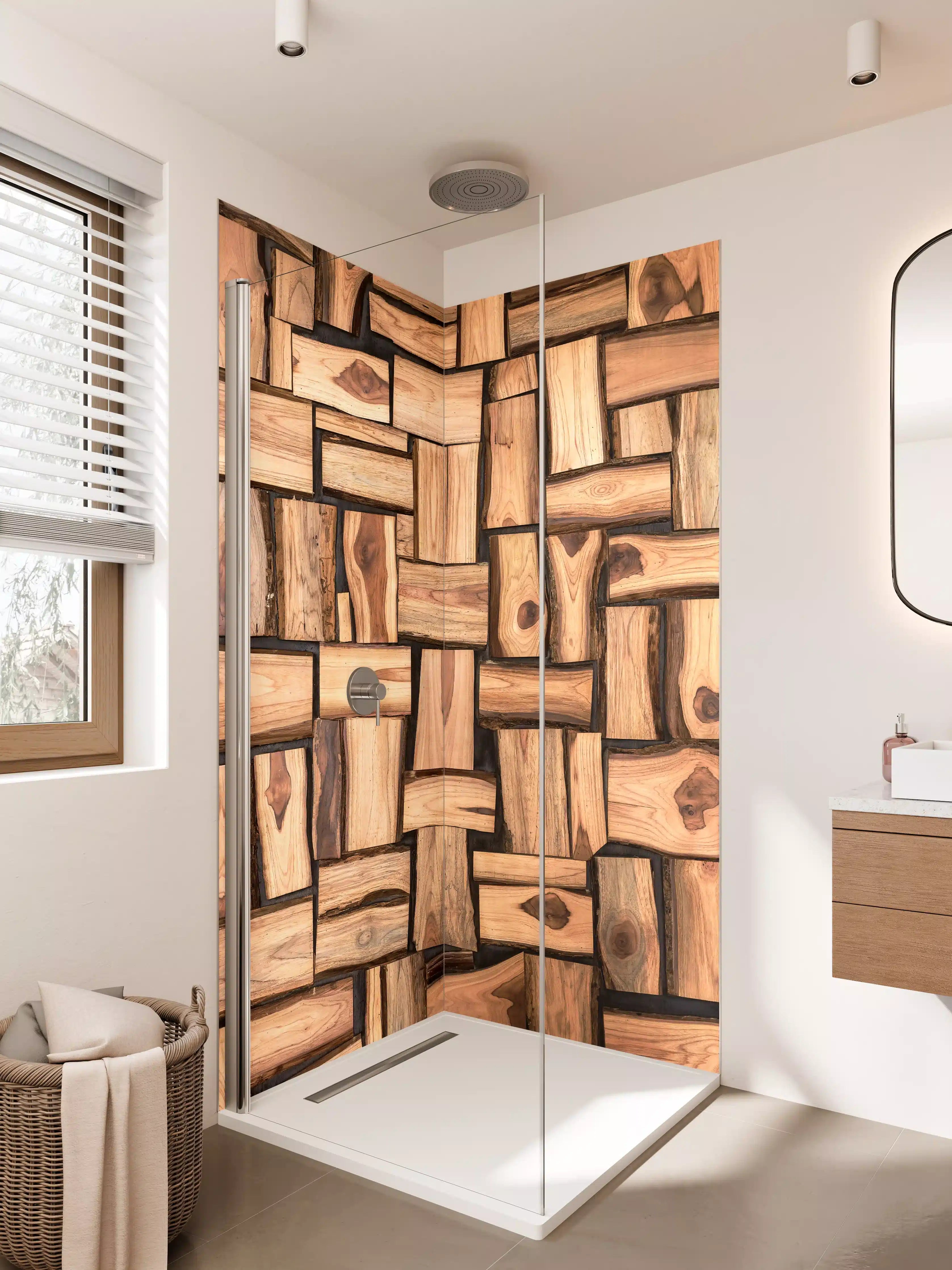 Duschrückwand - Warme Holzoptik mit dunklen Akzenten