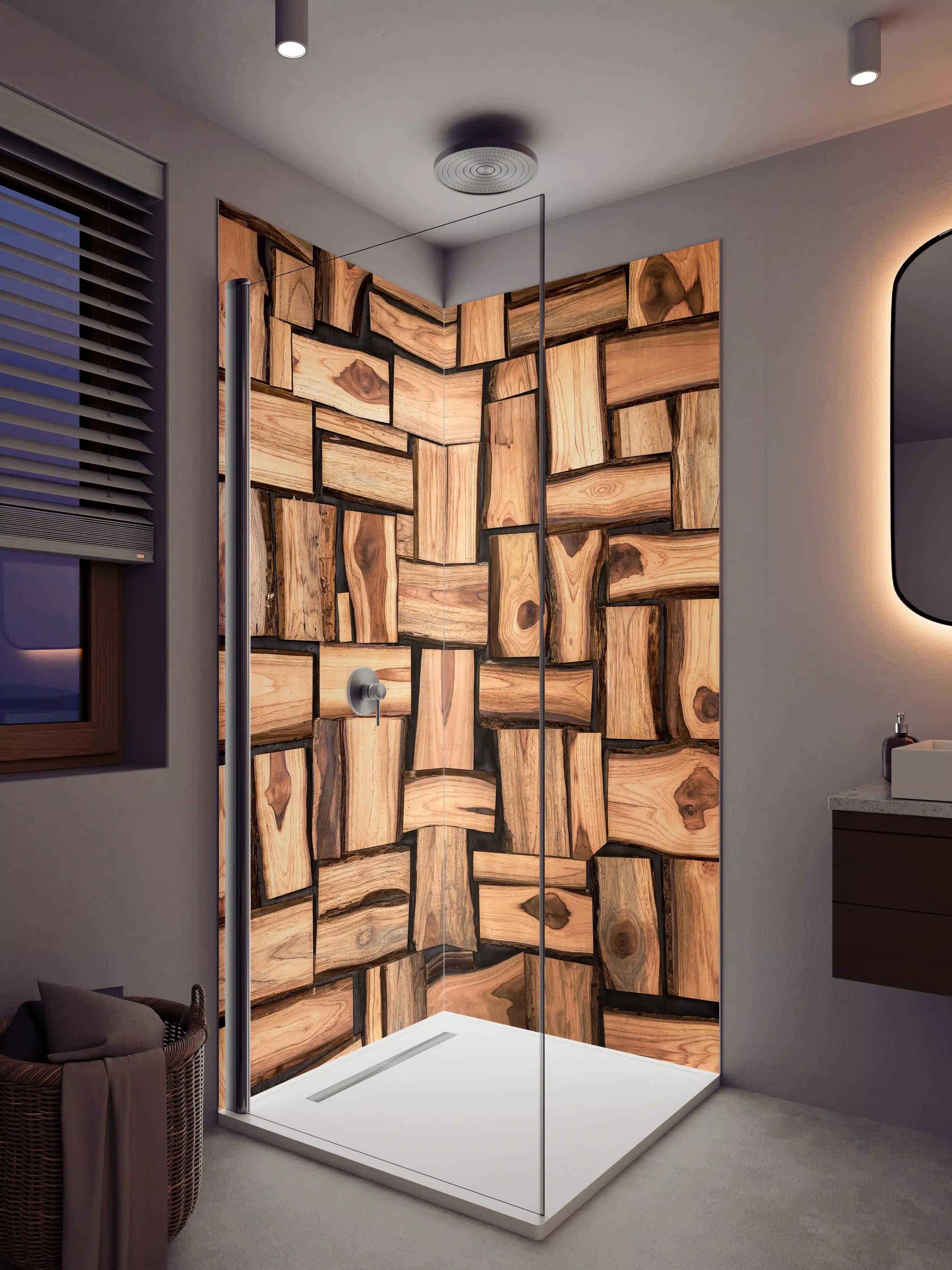 Duschrückwand - Warme Holzoptik mit dunklen Akzenten