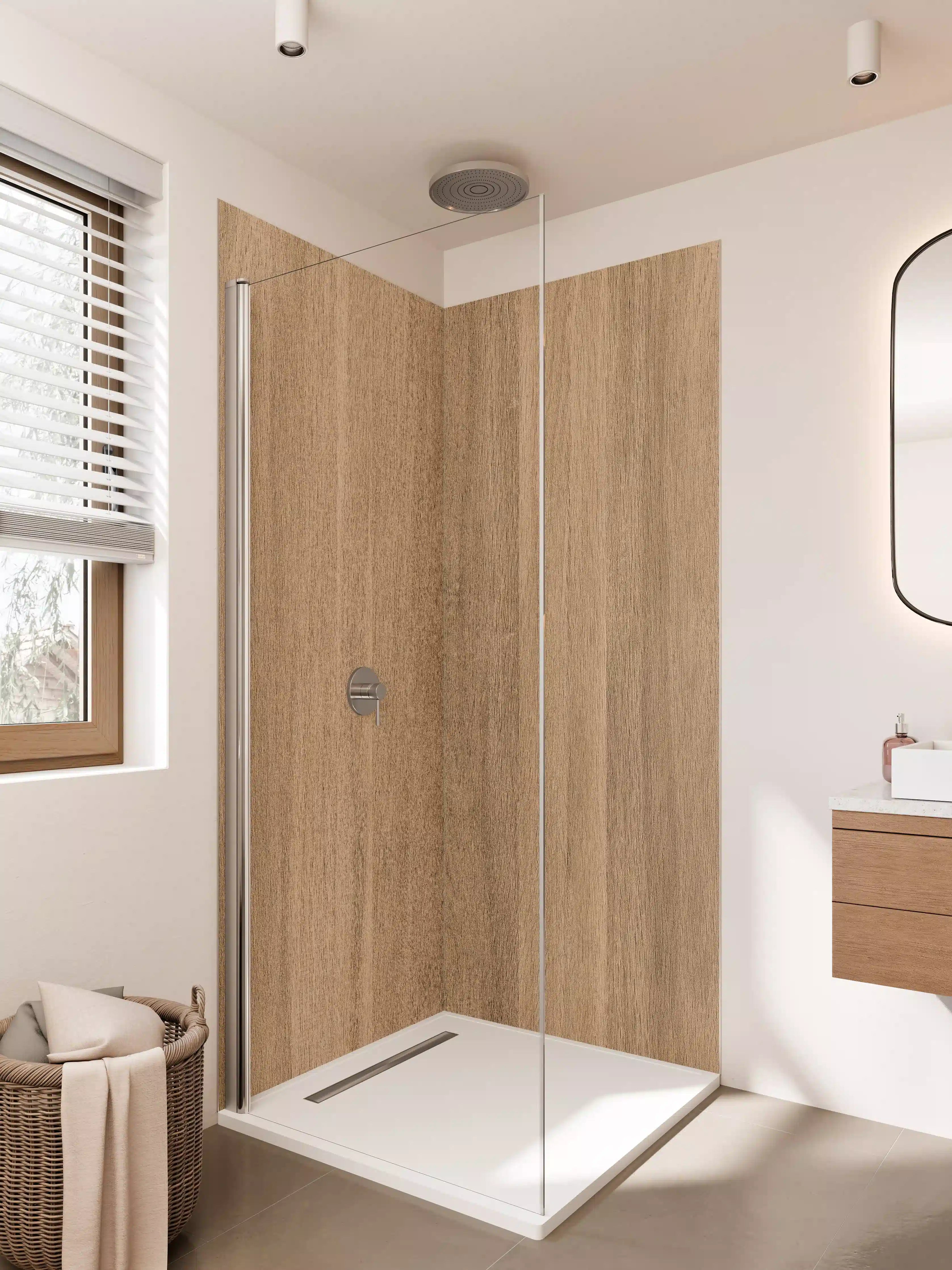 Duschrückwand - Warme Holzoptik mit grauen Maserungen