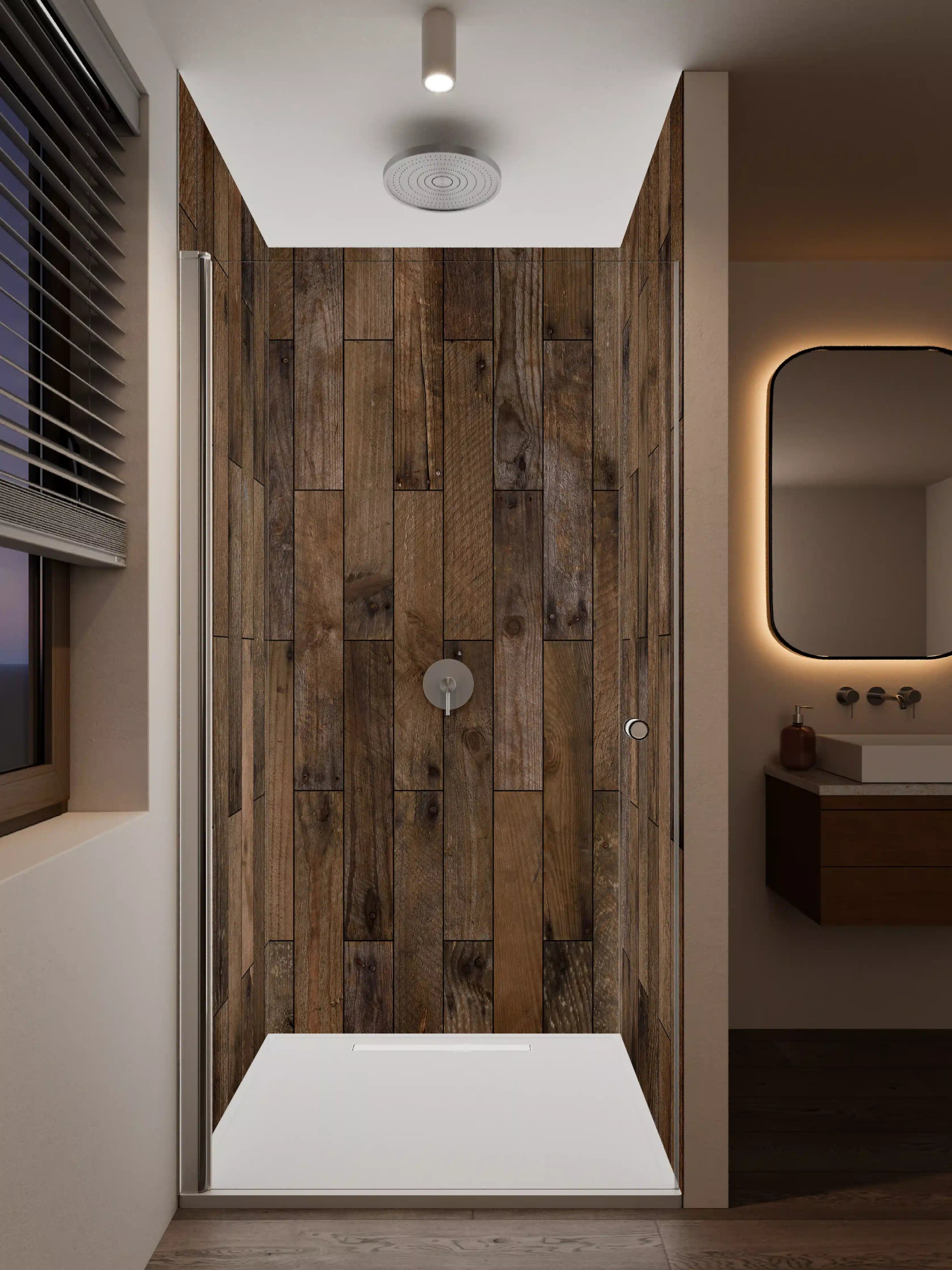 Duschrückwand - Warme Holzwand mit Naturholz-Optik