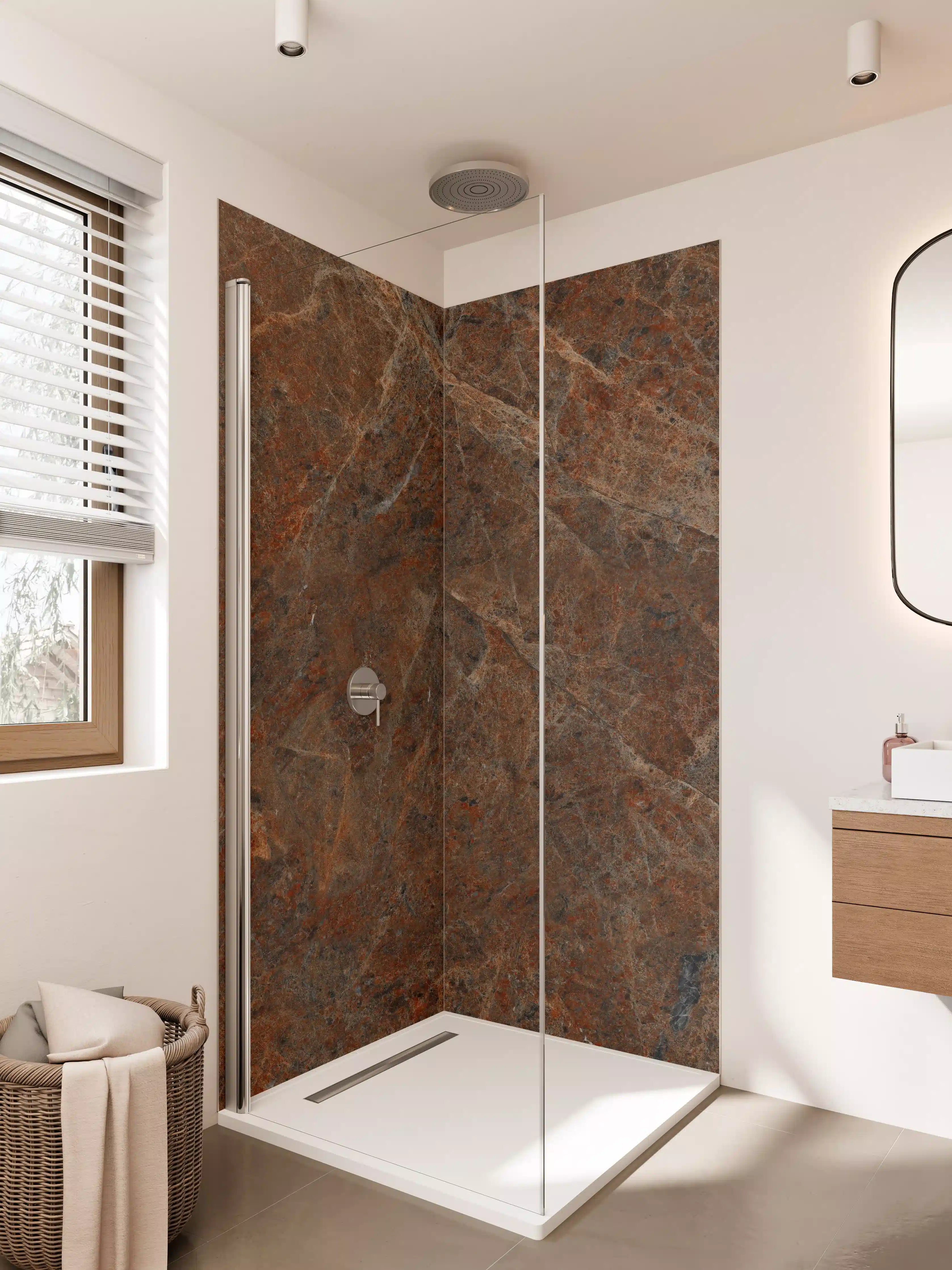 Duschrückwand - Warmen Braun-Tönen mit Marmor-Optik