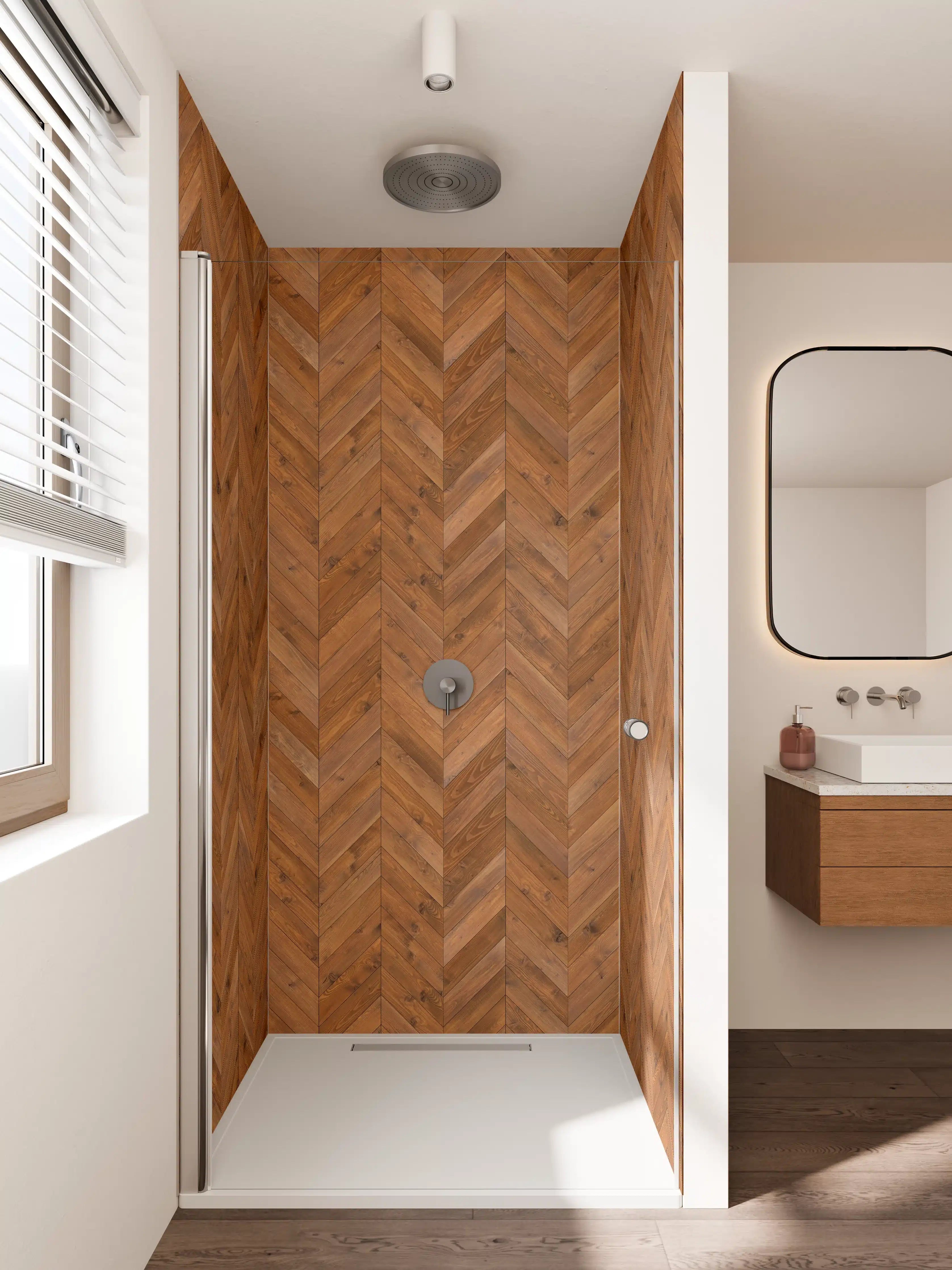 Duschrückwand - Warmer Holzboden in Zickzack-Optik