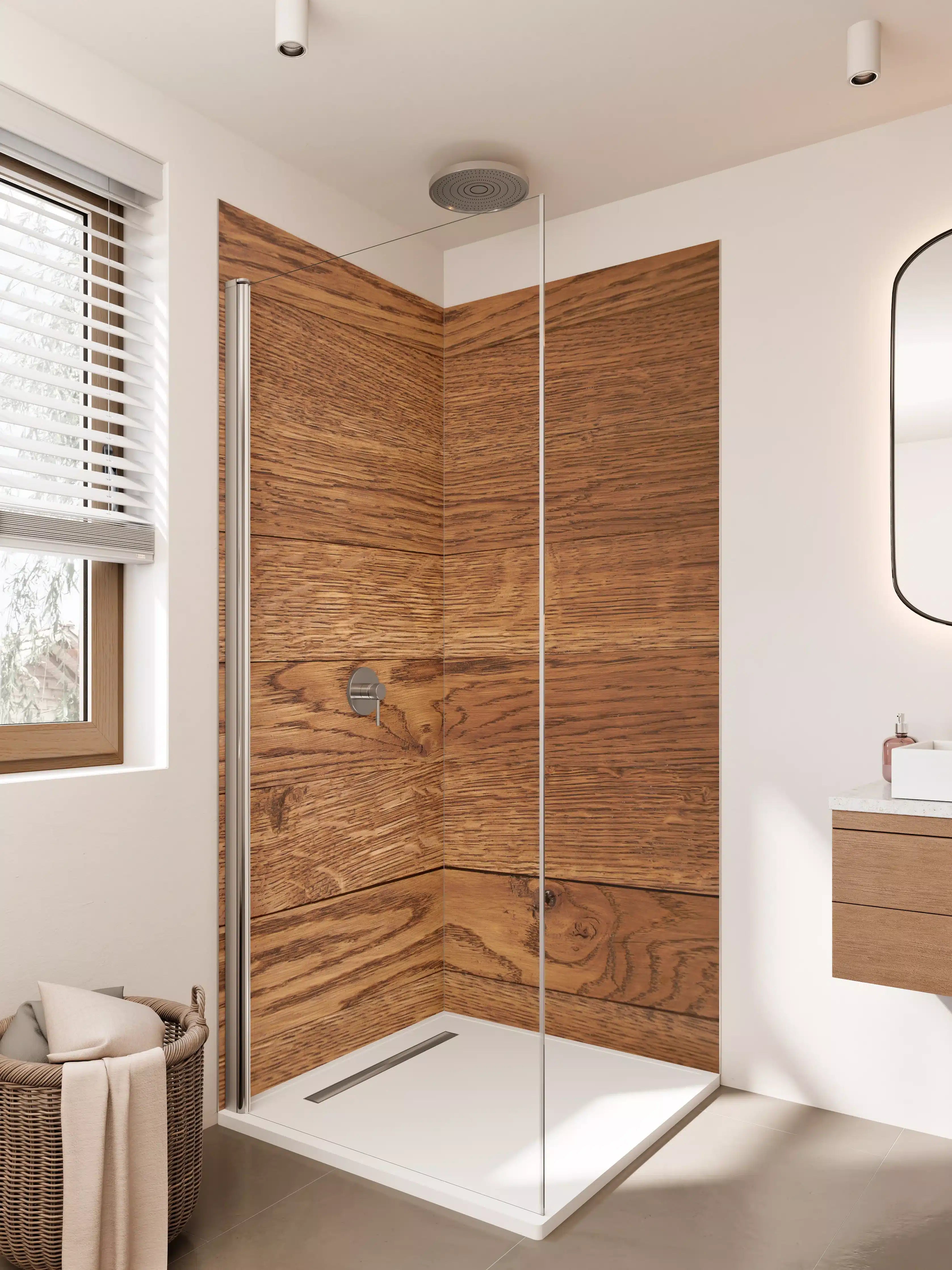 Duschrückwand - Warmer Holzfußboden mit lebendiger Maserung